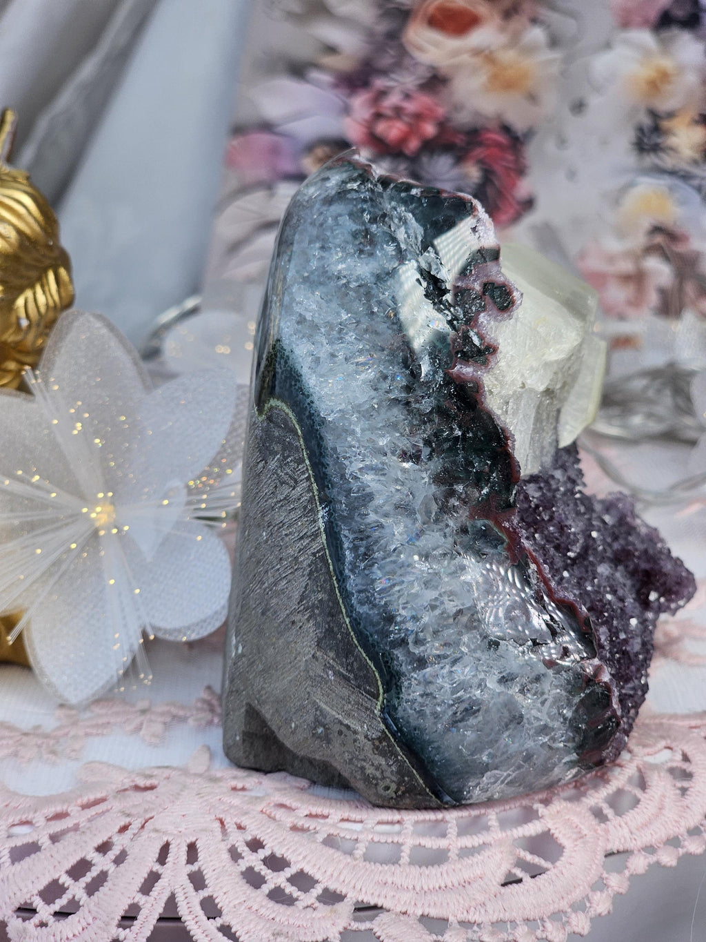 Red Amethyst and Calcite Cutbase Specimen, Rainbow Geode Crystal Gemstone