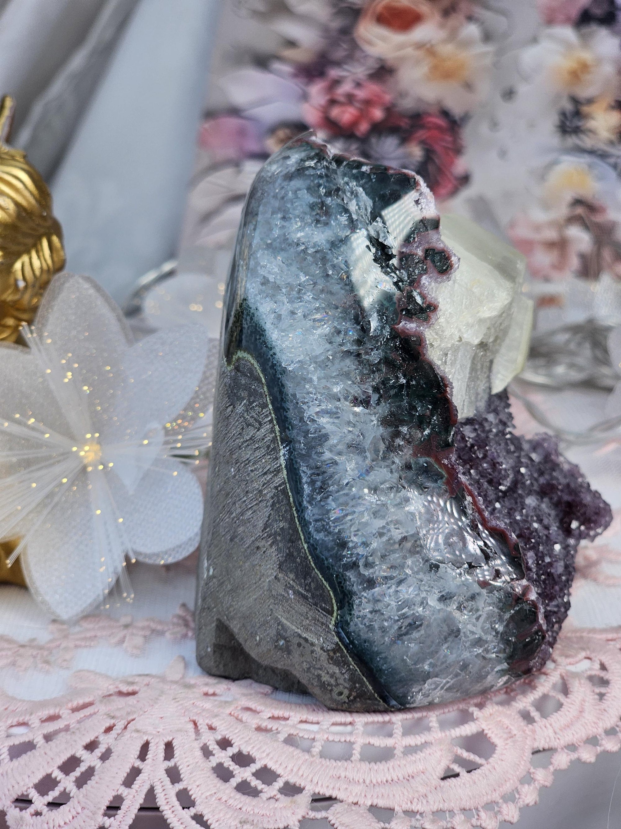 Red Amethyst and Calcite Cutbase Specimen, Rainbow Geode Crystal Gemstone