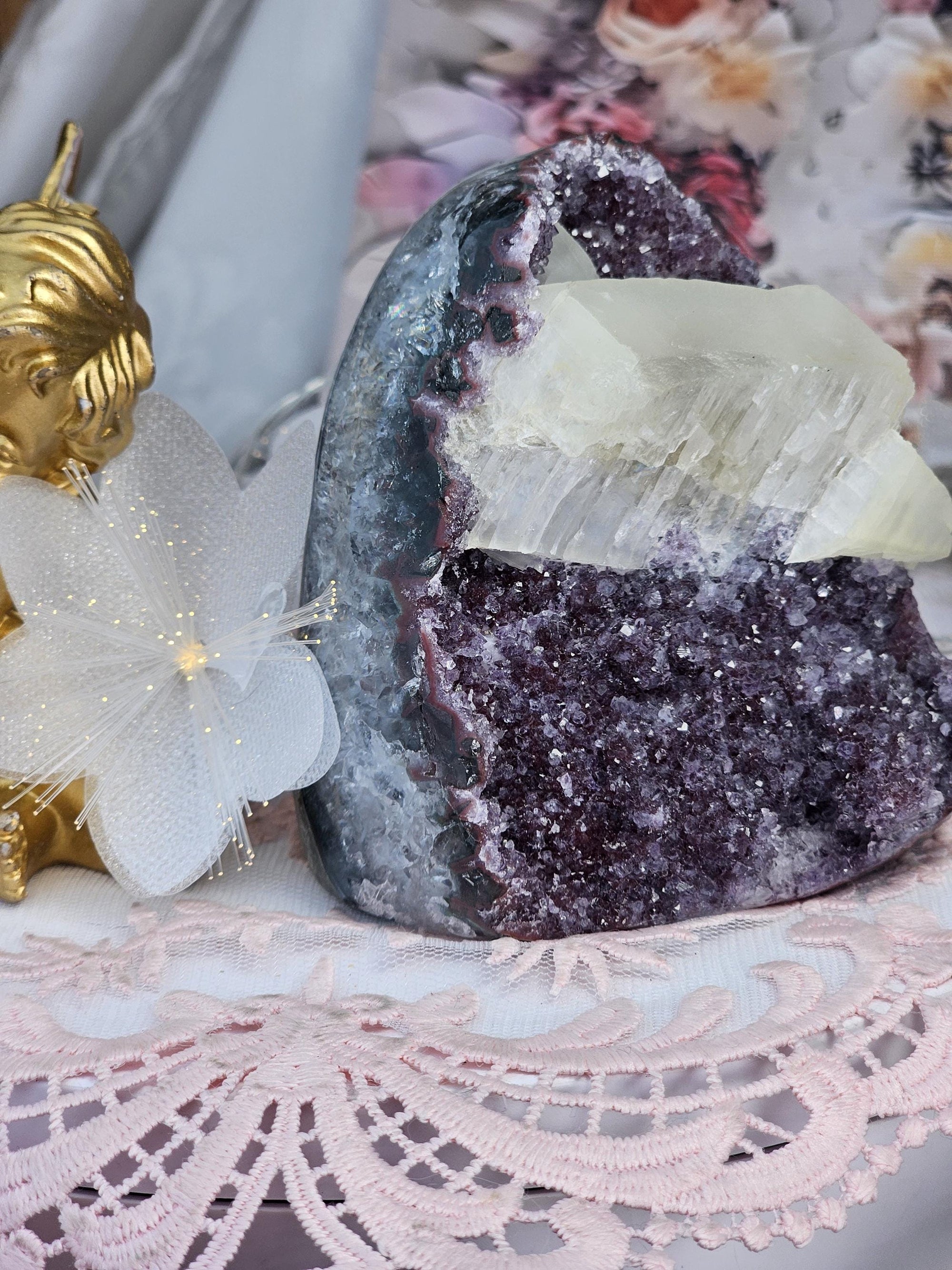 Red Amethyst and Calcite Cutbase Specimen, Rainbow Geode Crystal Gemstone