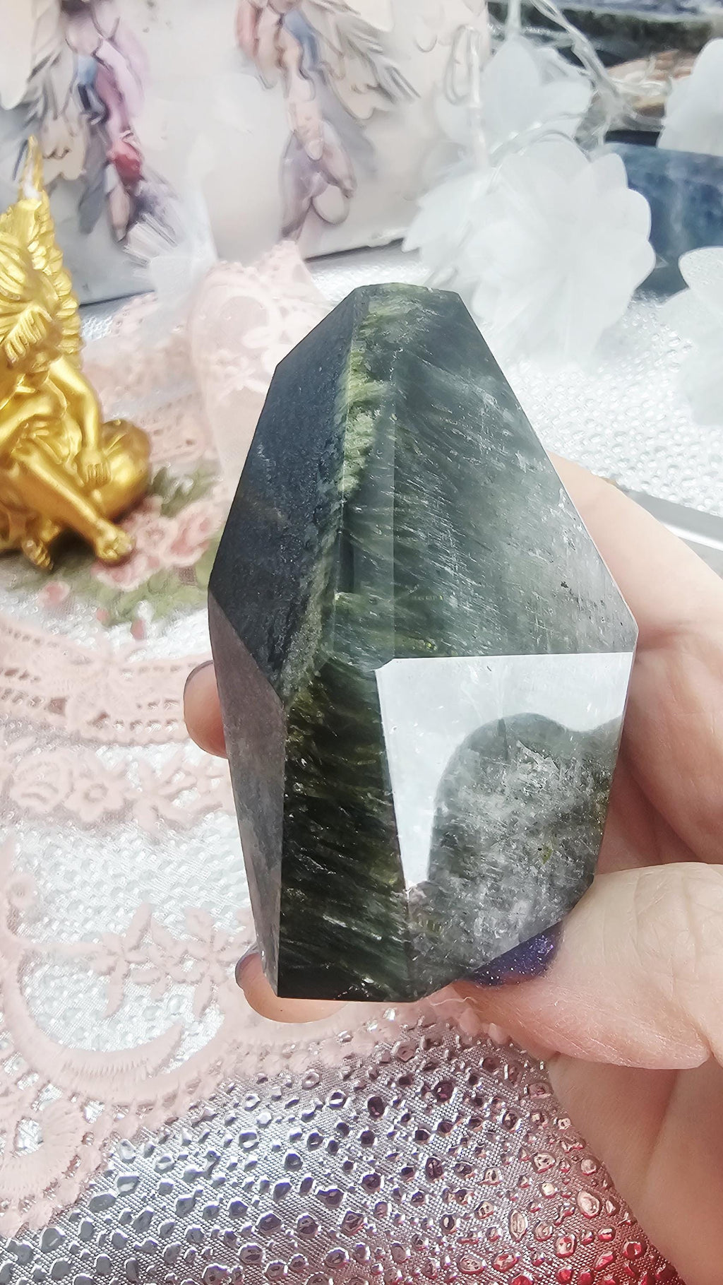 Green Tourmaline Freeform, Rutilated Quartz, Crystal Gift