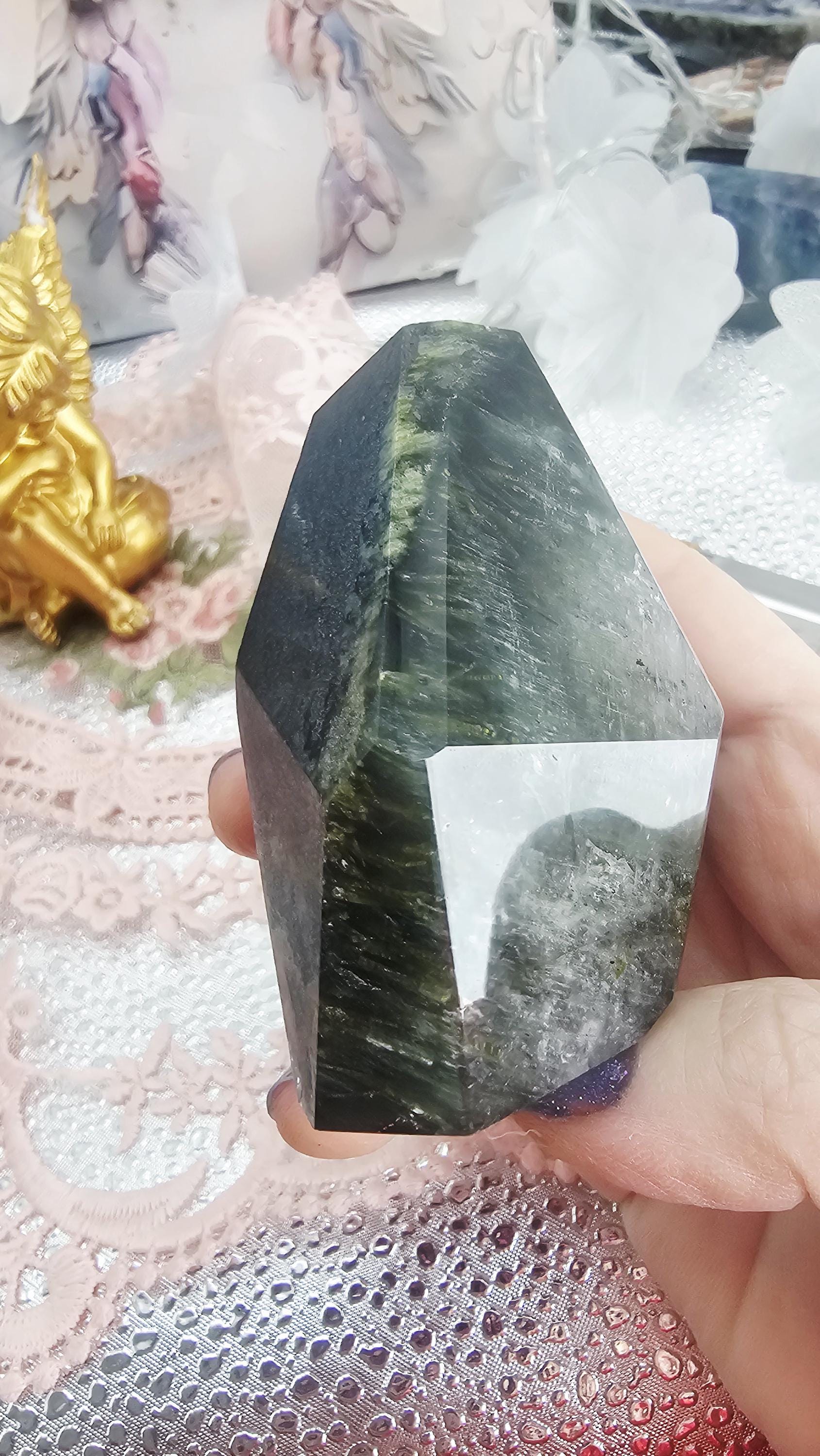 Green Tourmaline Freeform, Rutilated Quartz, Crystal Gift