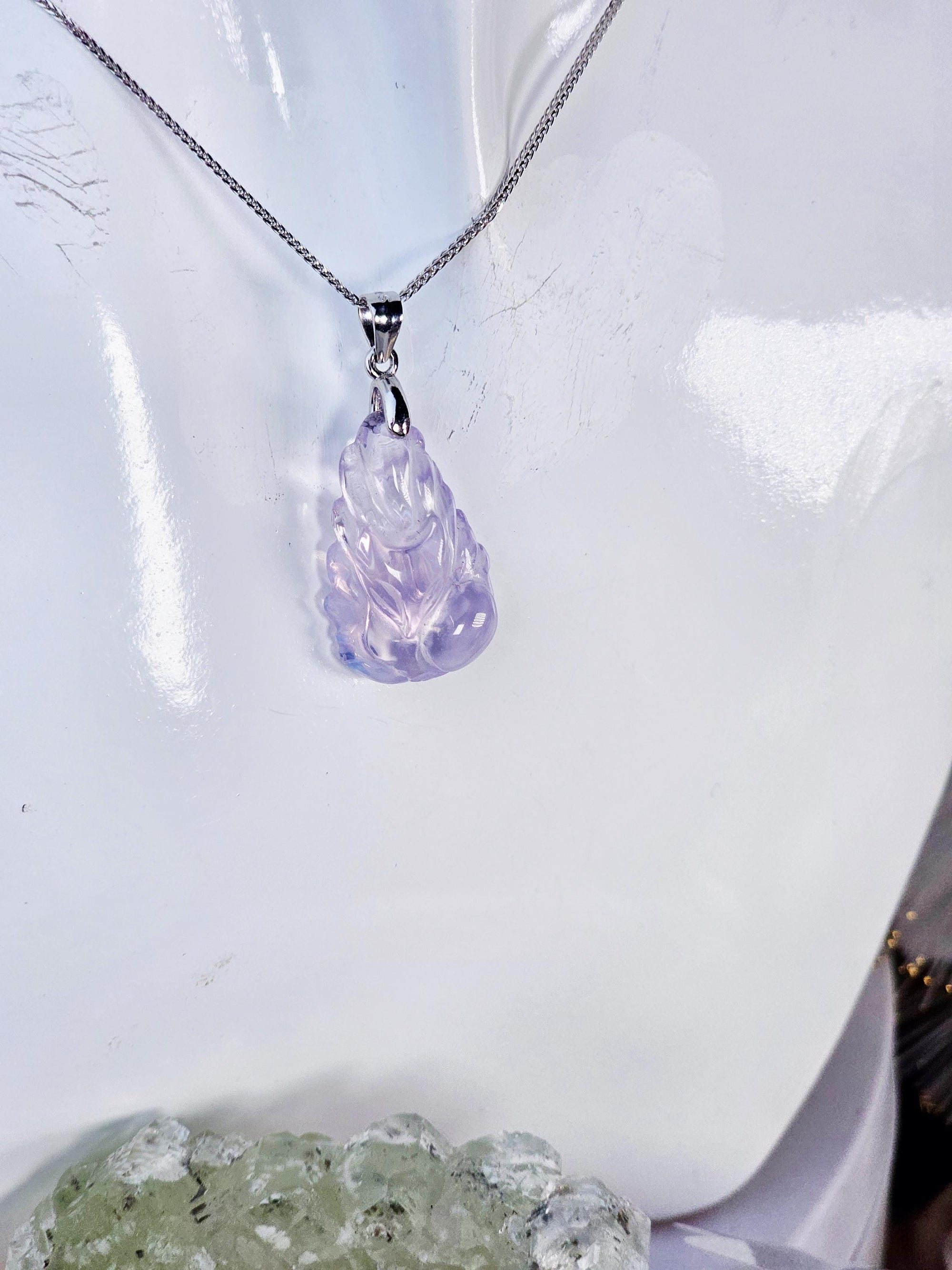 Lavender Moon Quartz 9 Tail Fox Necklace, 925 Silver, Anime Litsune