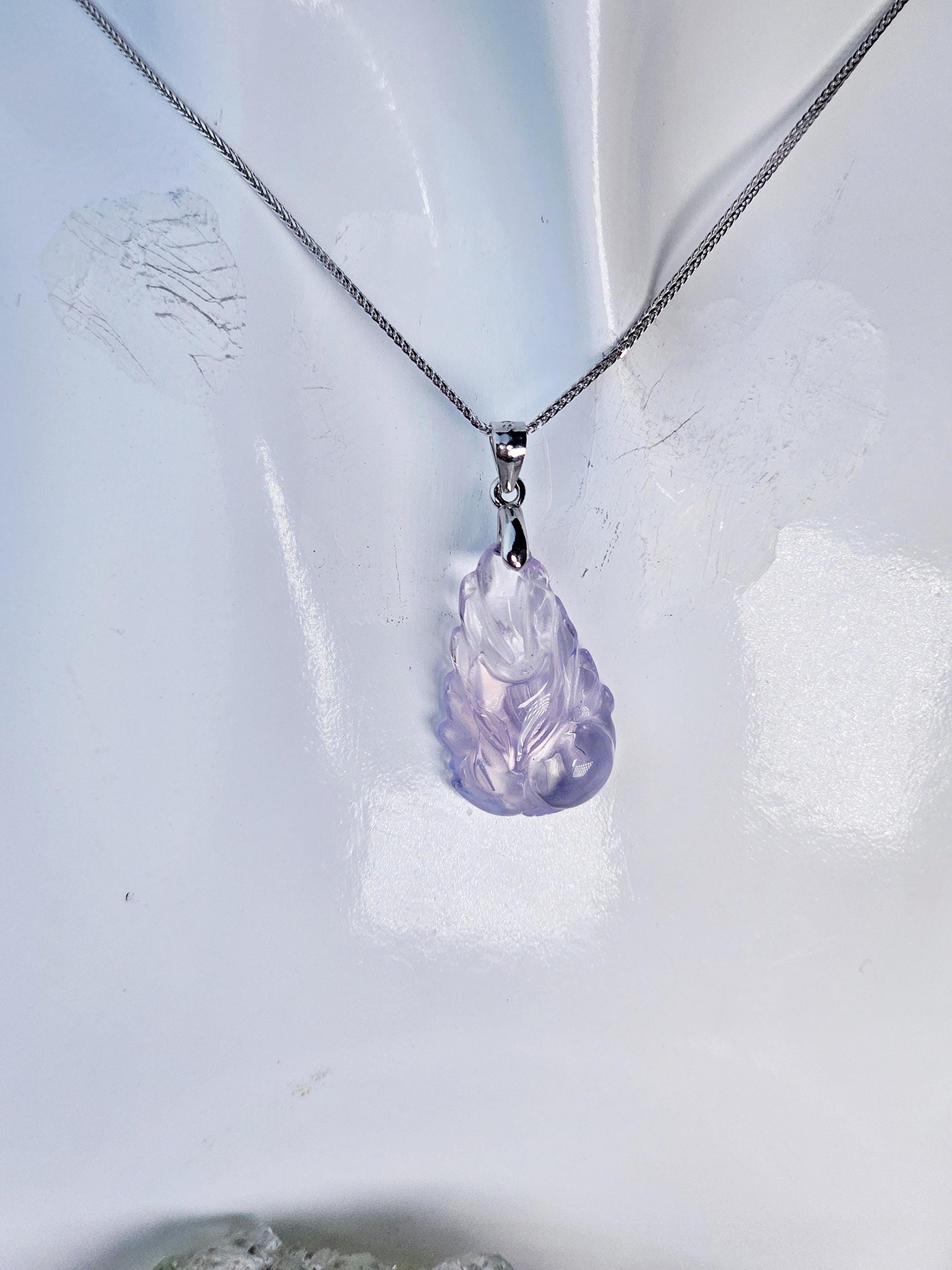 Lavender Moon Quartz 9 Tail Fox Necklace, 925 Silver, Anime Litsune