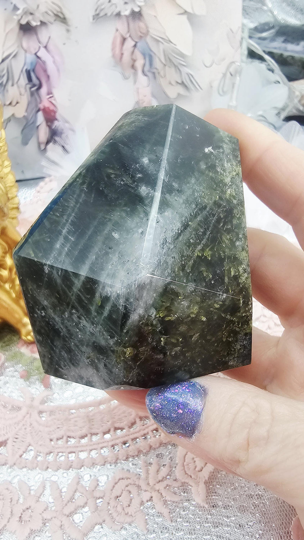 Green Tourmaline Freeform, Rutilated Quartz, Crystal Gift