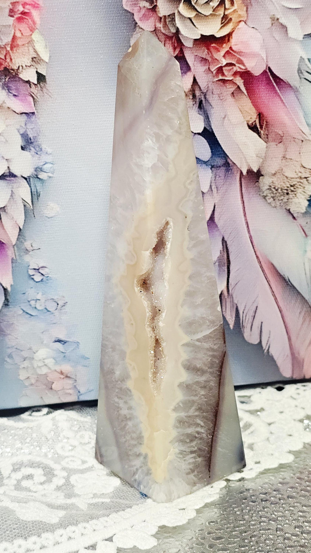 Druzy Agate Obelisk with Sugar Formation, Crystal Gift, Home Decor