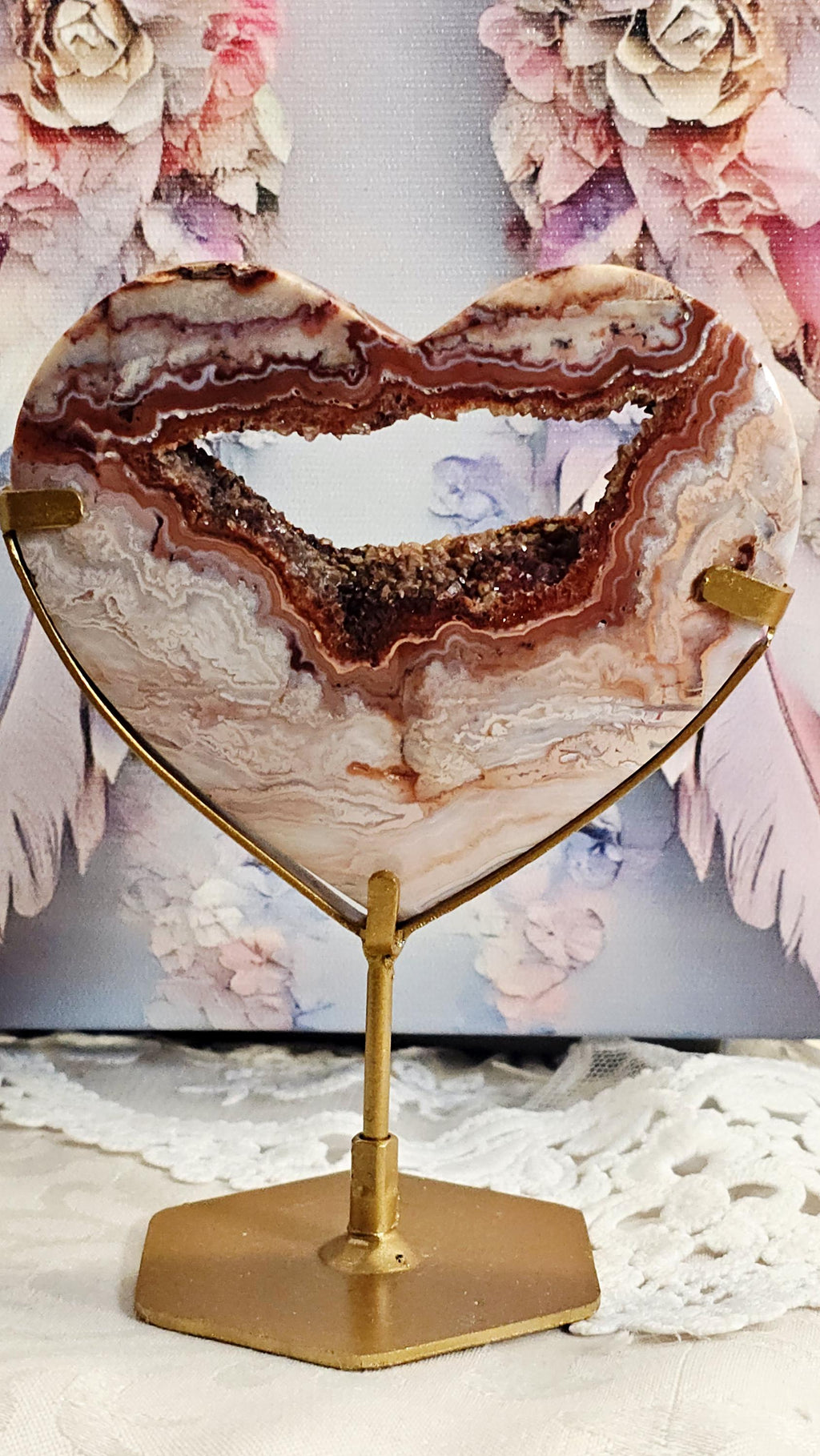 Pink Crazy Lace Heart on a Stand, Crystal Gift, Hearts
