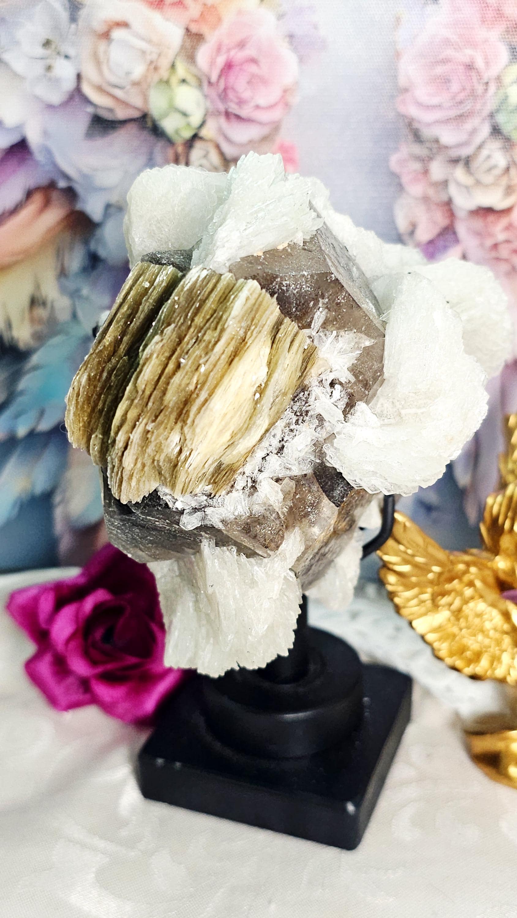 Smoky Quartz, Tourmaline, Mica and Albite Specimen on a Stand, Home Decor, Crystal Gift