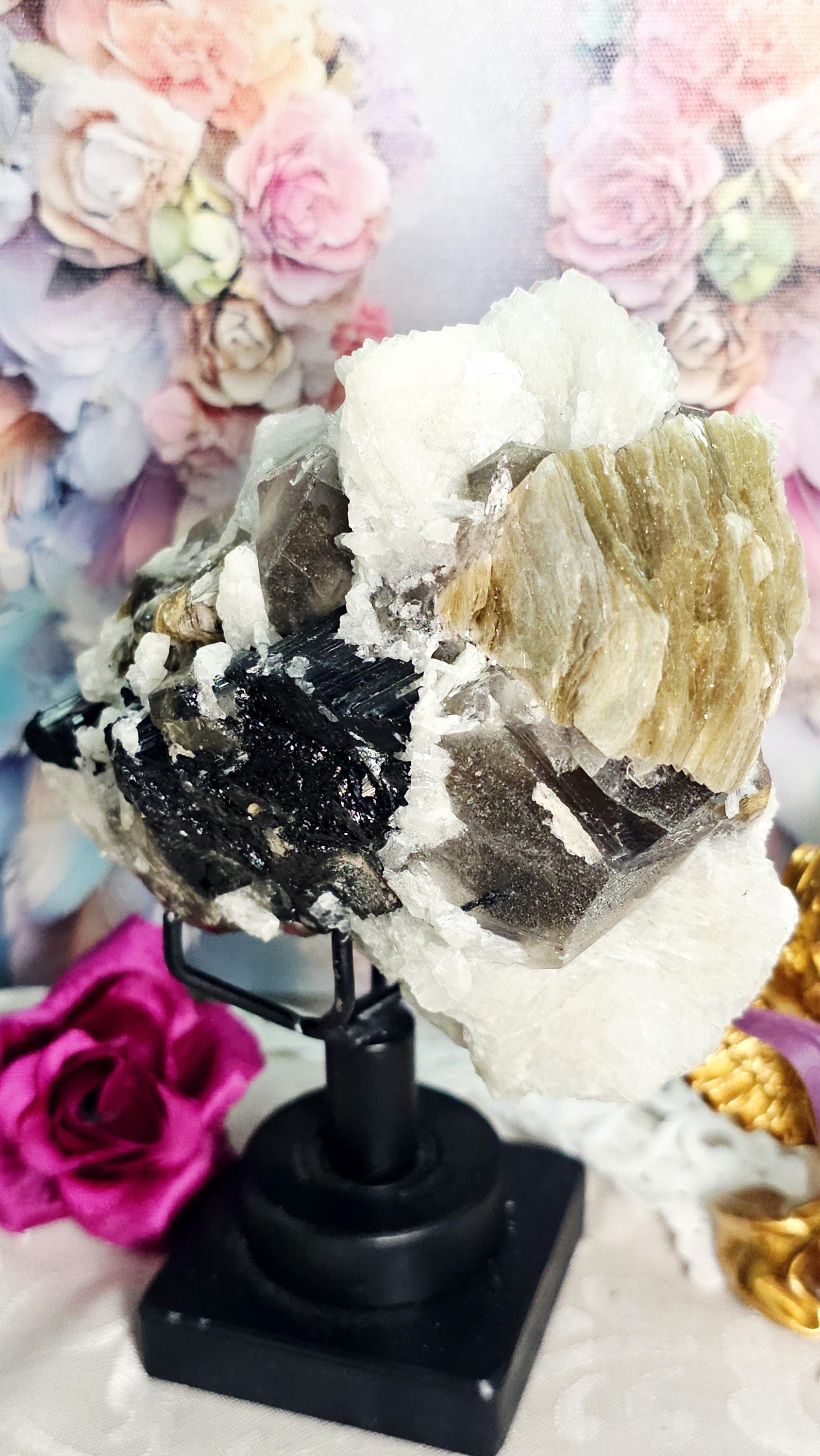 Smoky Quartz, Tourmaline, Mica and Albite Specimen on a Stand, Home Decor, Crystal Gift