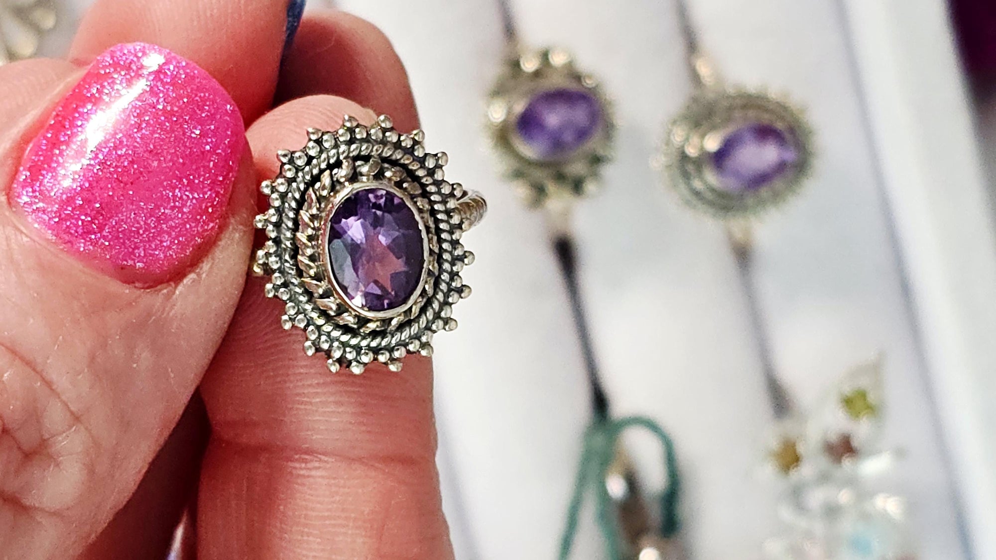 925 Silver Amethyst Crystal Ring, Handmade, Size 7