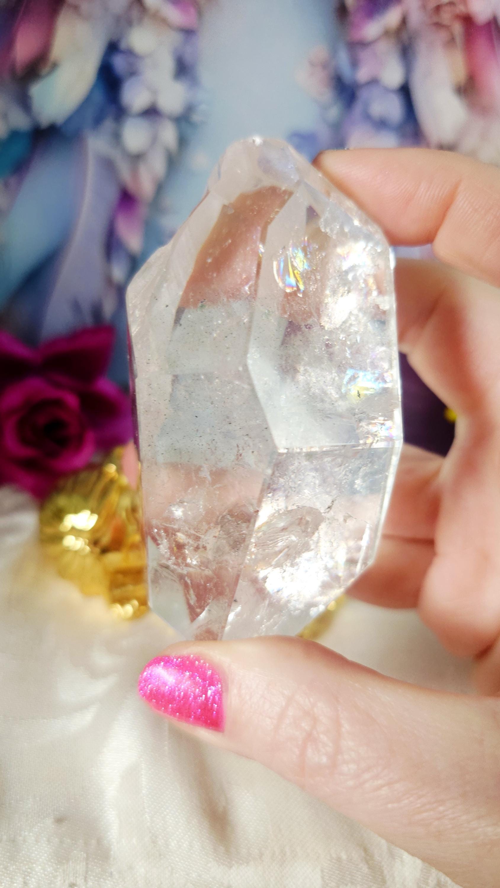 Lemurian Quartz Crystal with Chlorite, Phantoms and Rainbows, Manifestation Crystal from Brazil