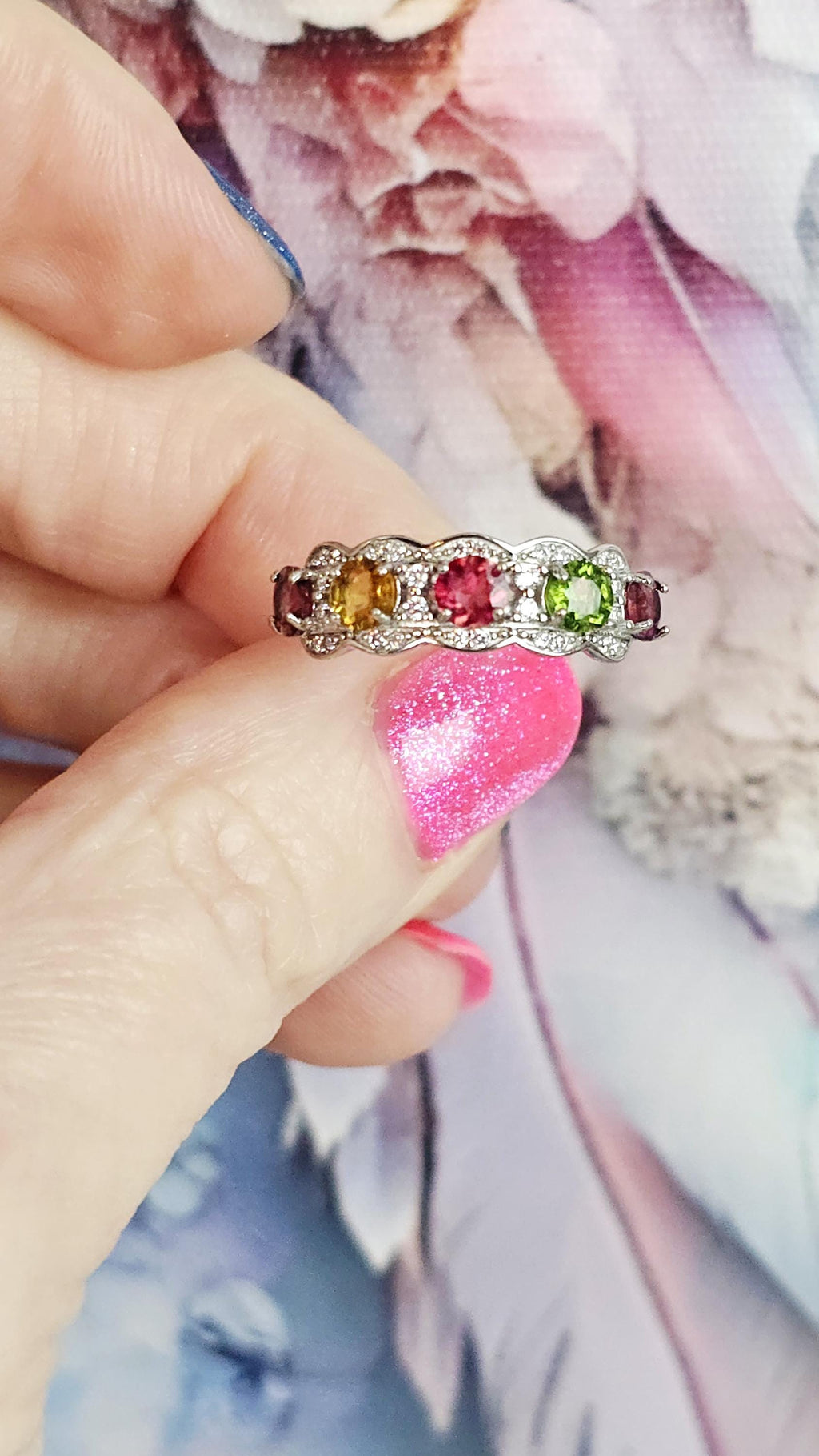 Mixed Tourmaline 925 Silver Adjustable Ring, Natural Crystal, Peaceful Protection