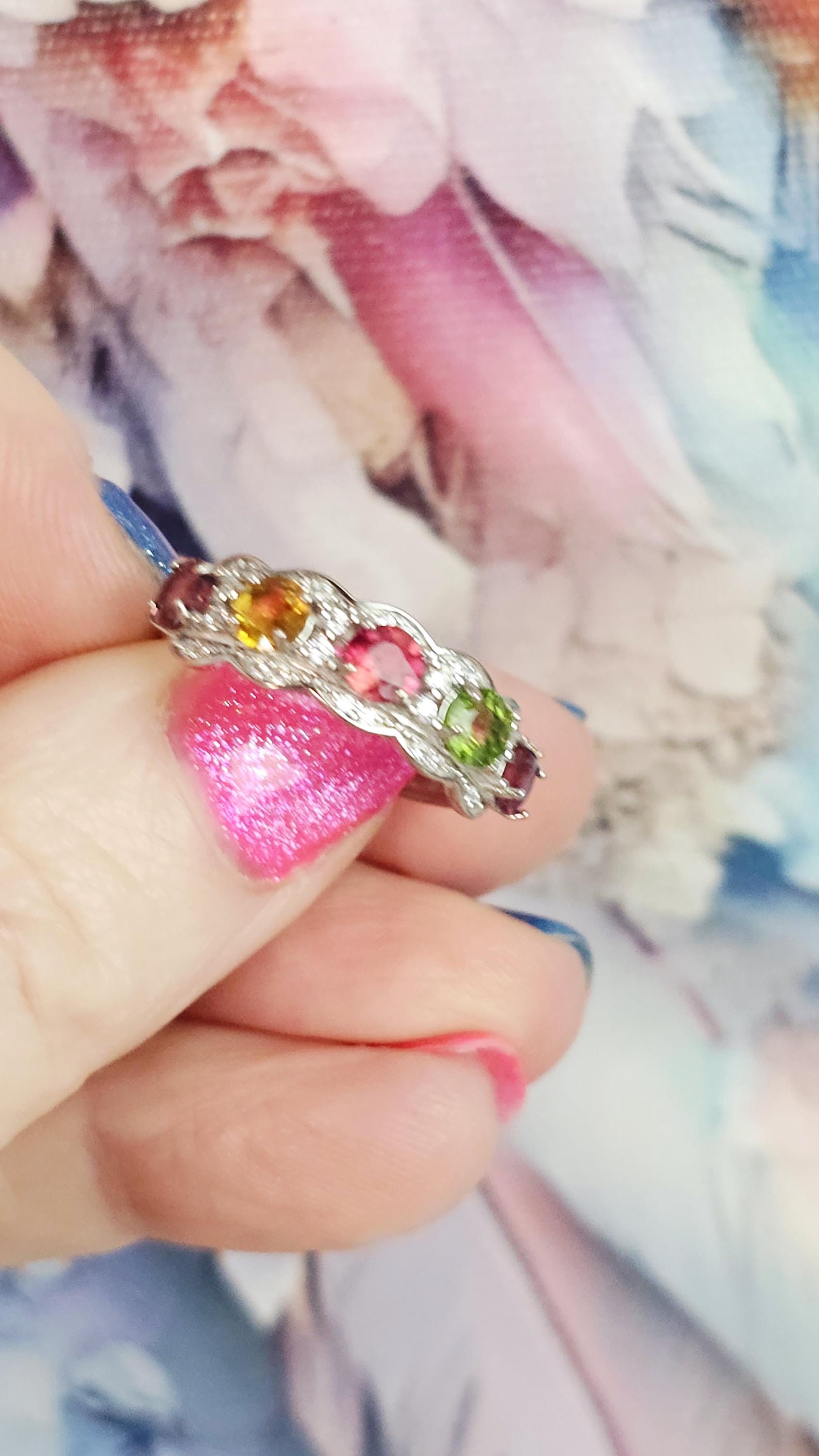 Mixed Tourmaline 925 Silver Adjustable Ring, Natural Crystal, Peaceful Protection