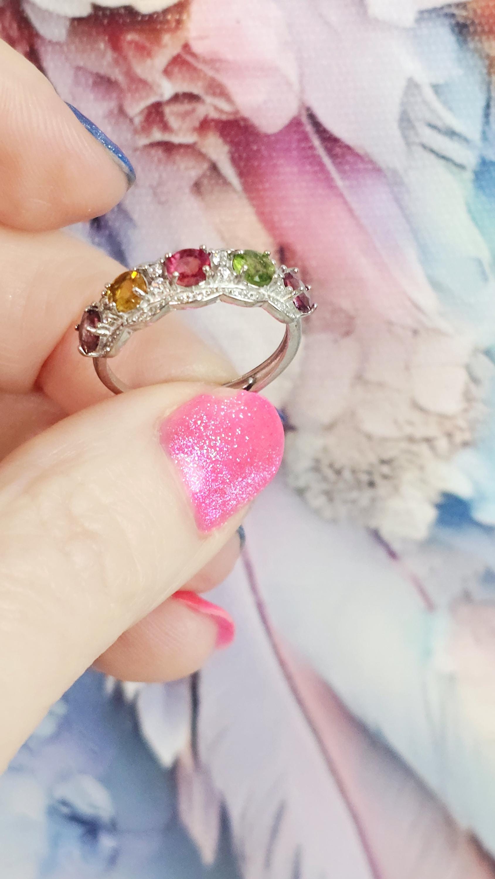 Mixed Tourmaline 925 Silver Adjustable Ring, Natural Crystal, Peaceful Protection