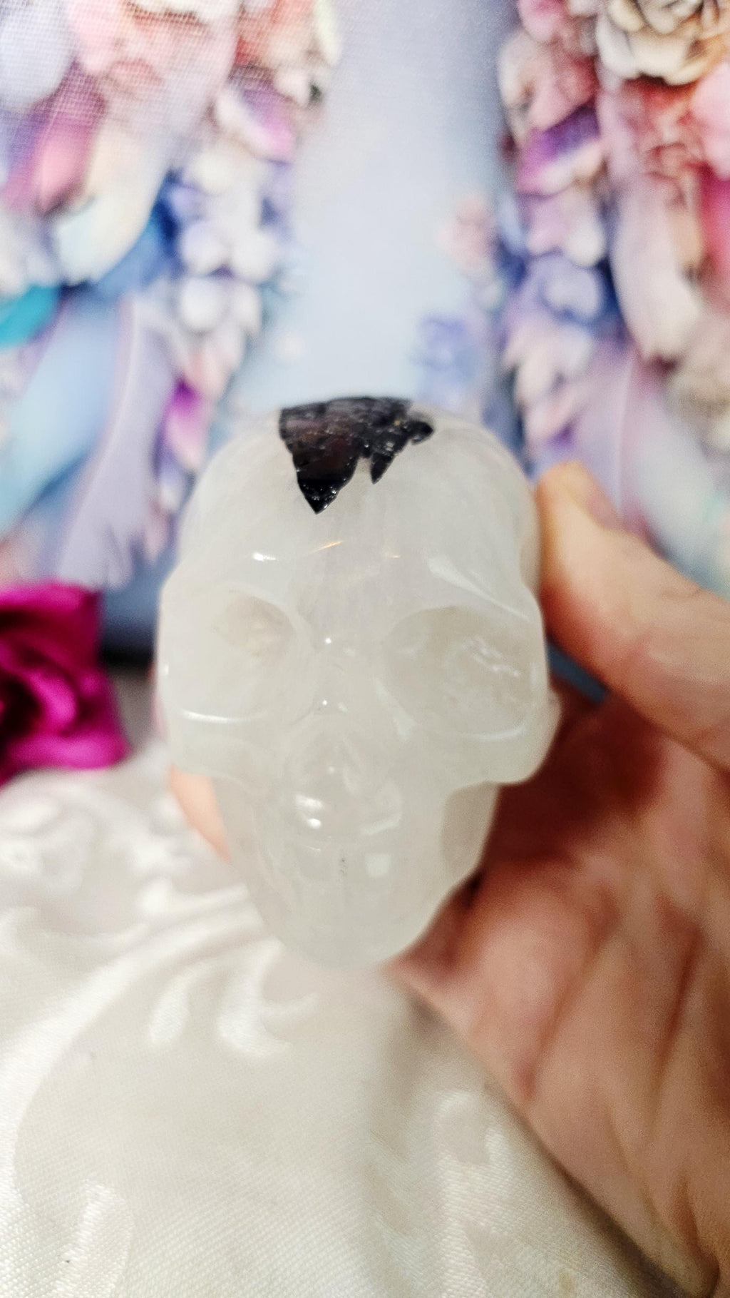 Black Tourmaline Rutilated Quartz Skull, Protection Crystal Healer Home Decor