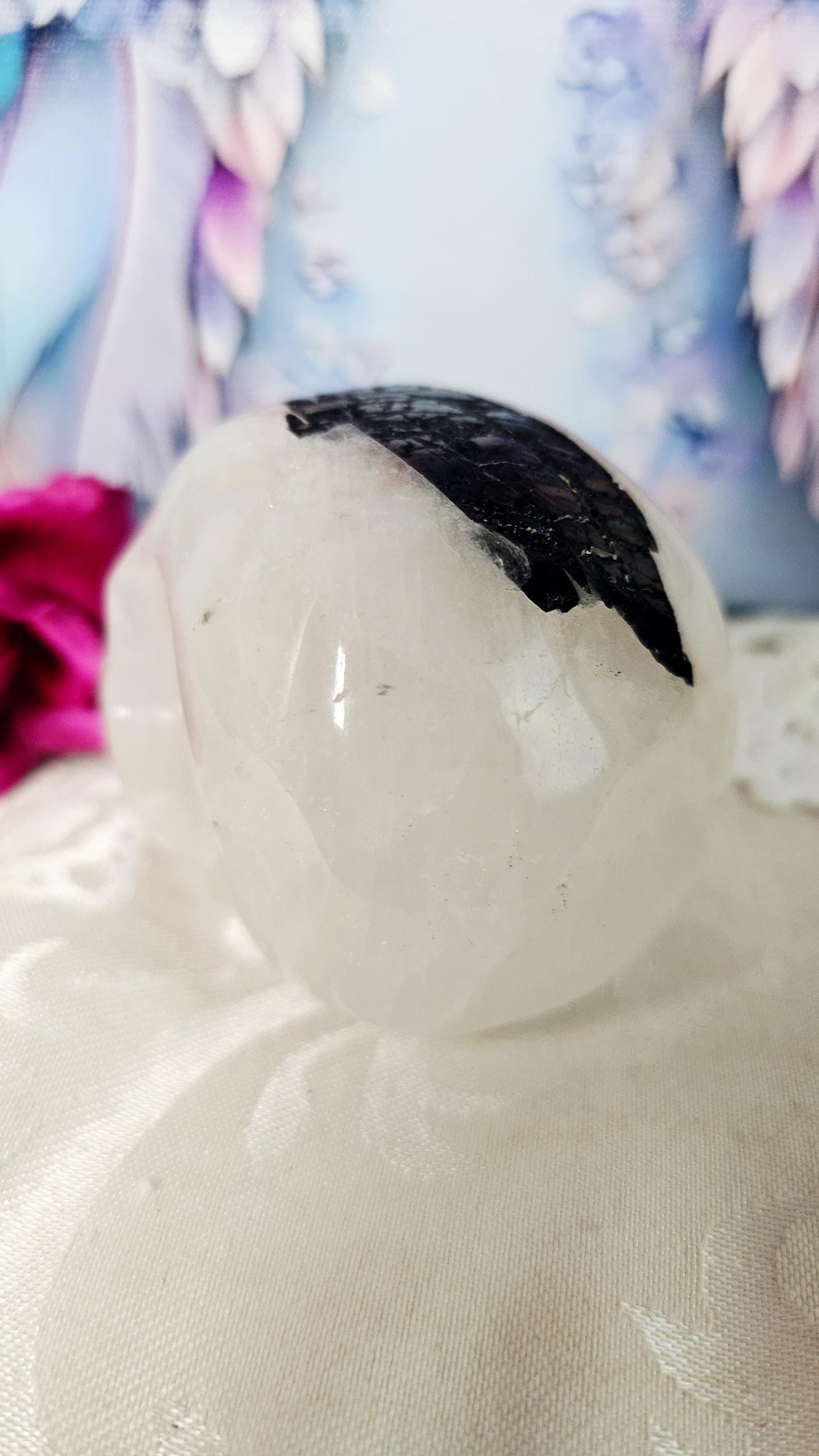 Black Tourmaline Rutilated Quartz Skull, Protection Crystal Healer Home Decor