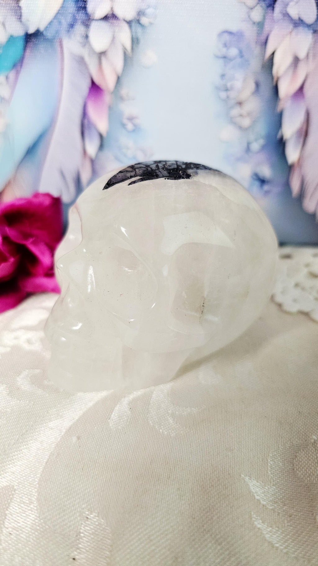 Black Tourmaline Rutilated Quartz Skull, Protection Crystal Healer Home Decor
