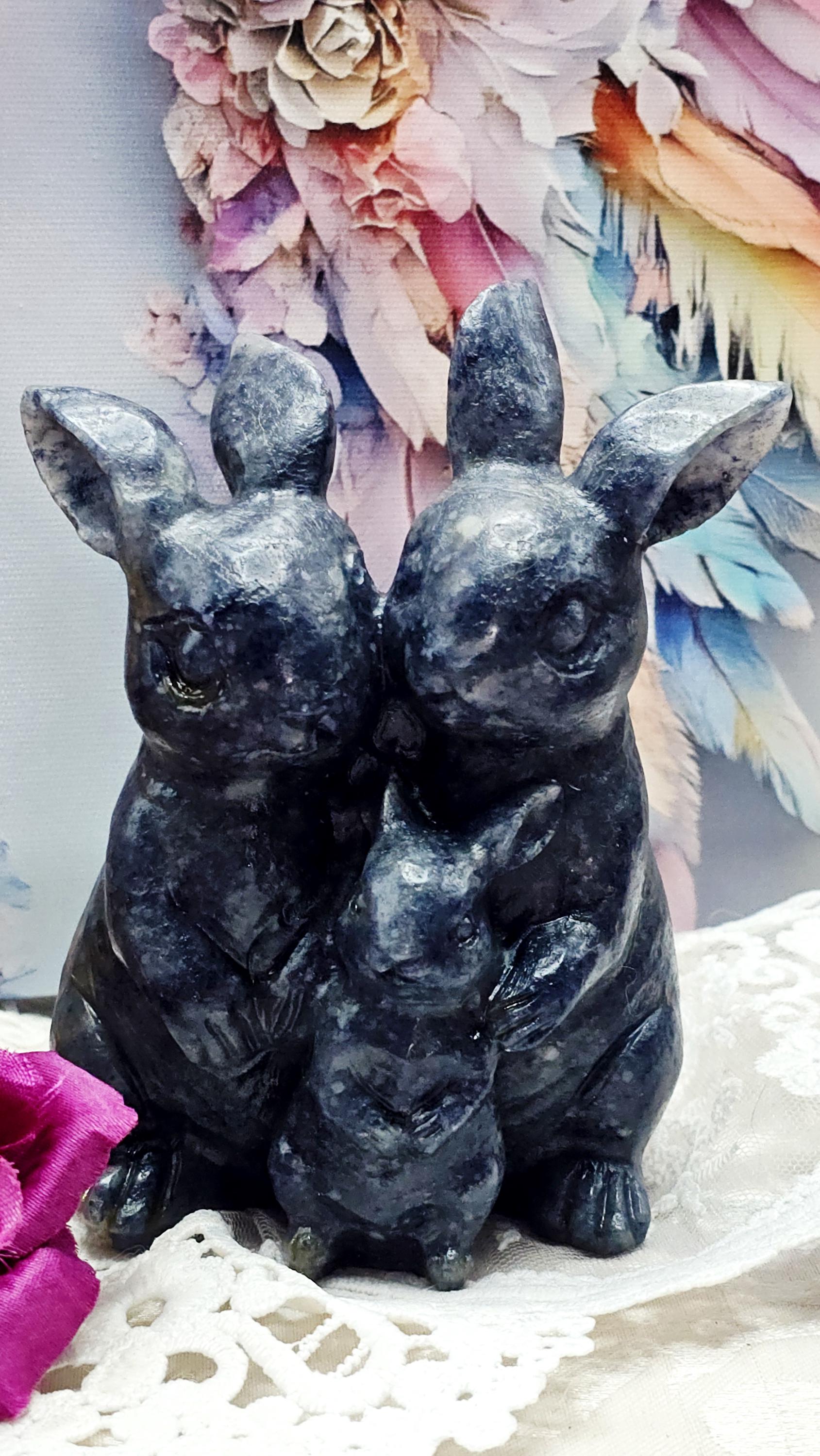 Blue Aventurine Bunny Family Sculpture, Crystal Healing Gemstone Home Decor