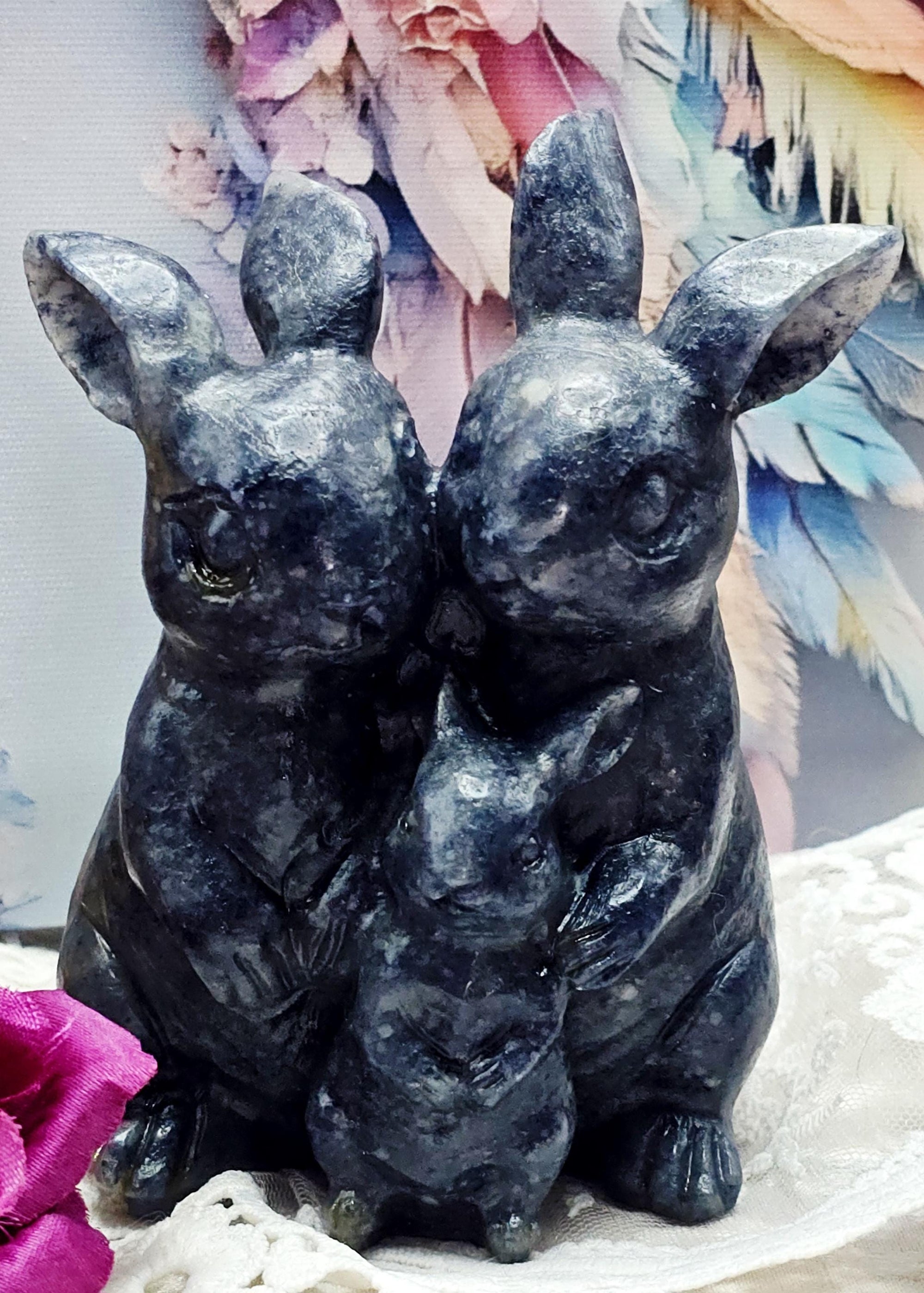 Blue Aventurine Bunny Family Sculpture, Crystal Healing Gemstone Home Decor