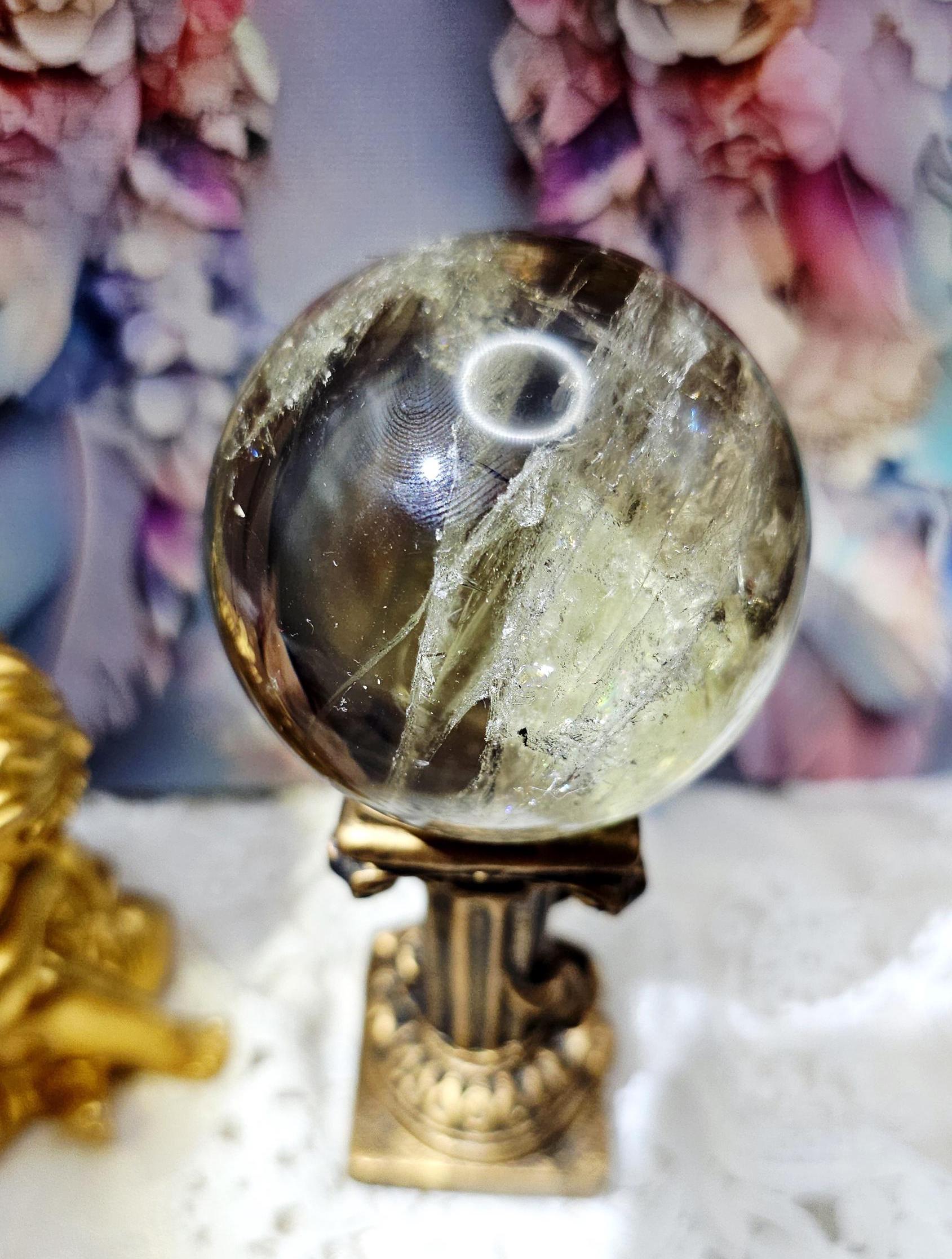 Natural Citrine Smoky Sphere, Crystal Ball, Chain, Elegant Flash