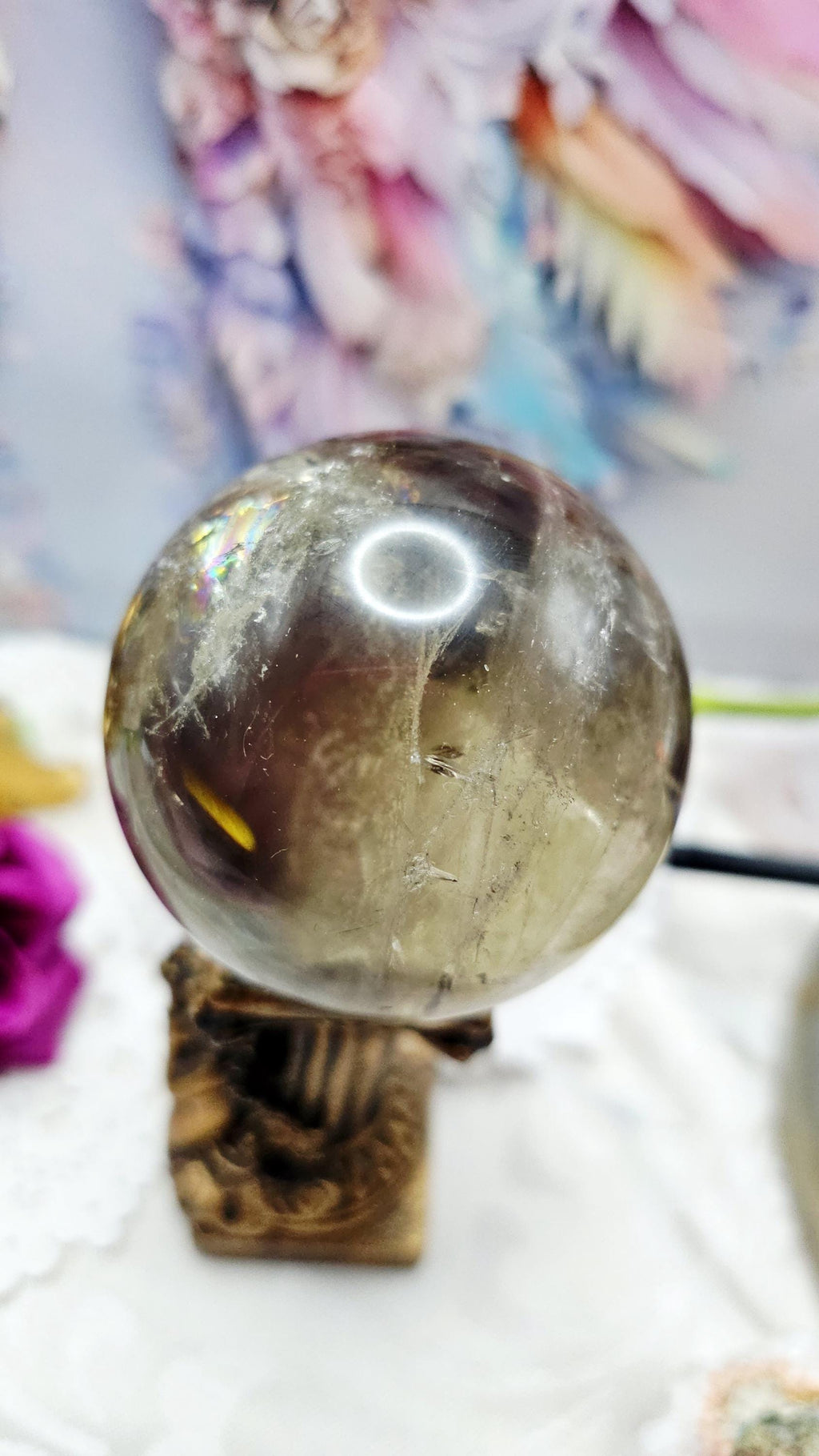 Natural Citrine Smoky Sphere, Crystal Ball, Chain, Elegant Flash