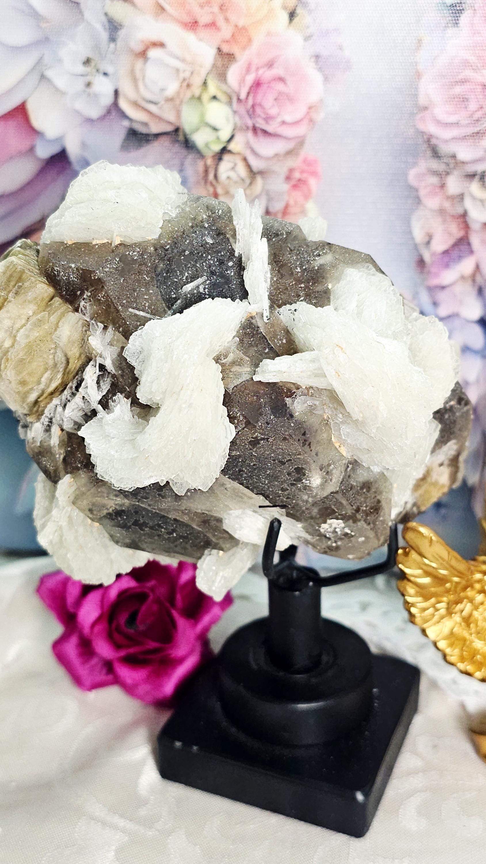 Smoky Quartz, Tourmaline, Mica and Albite Specimen on a Stand, Home Decor, Crystal Gift