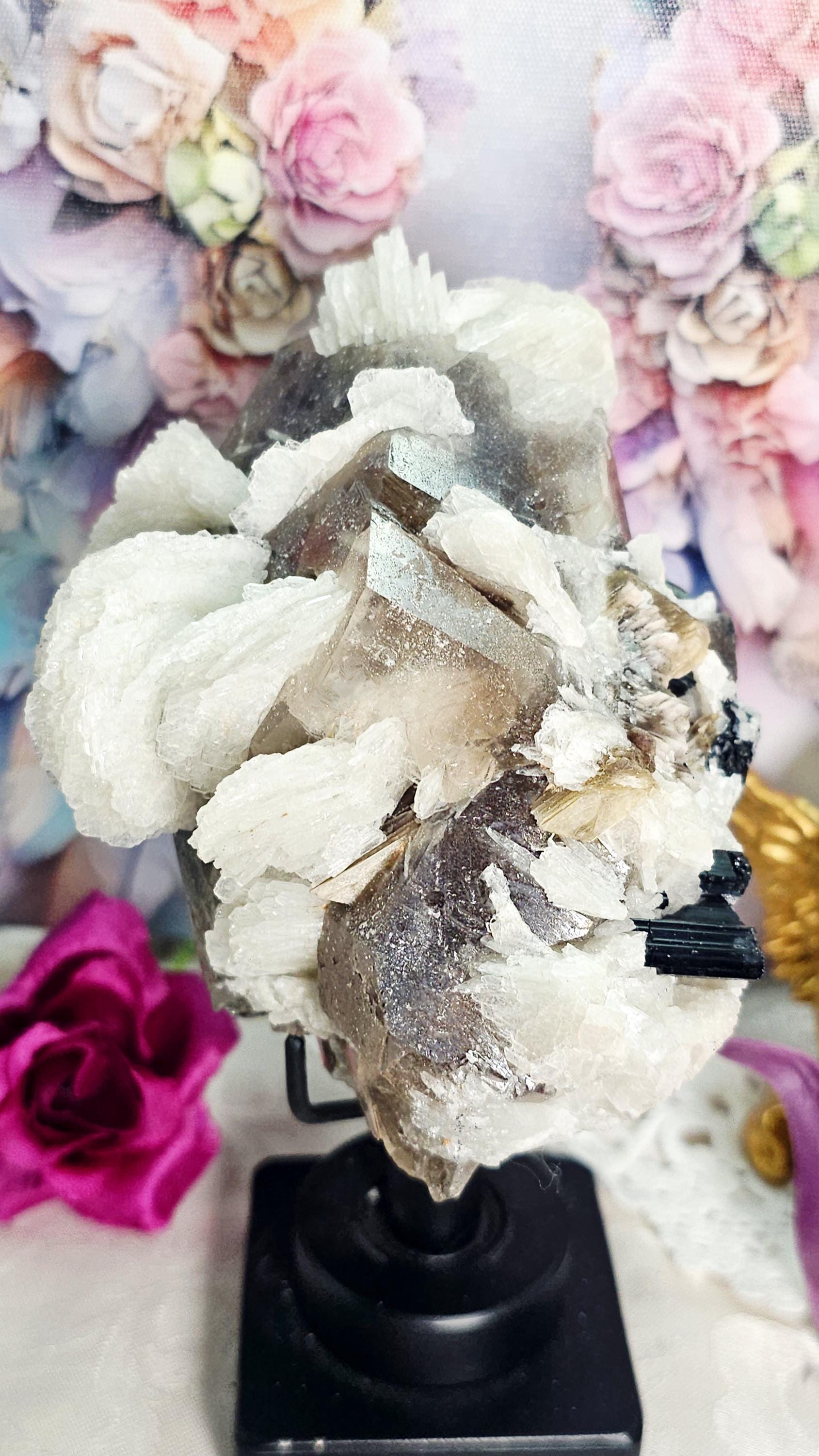 Smoky Quartz, Tourmaline, Mica and Albite Specimen on a Stand, Home Decor, Crystal Gift