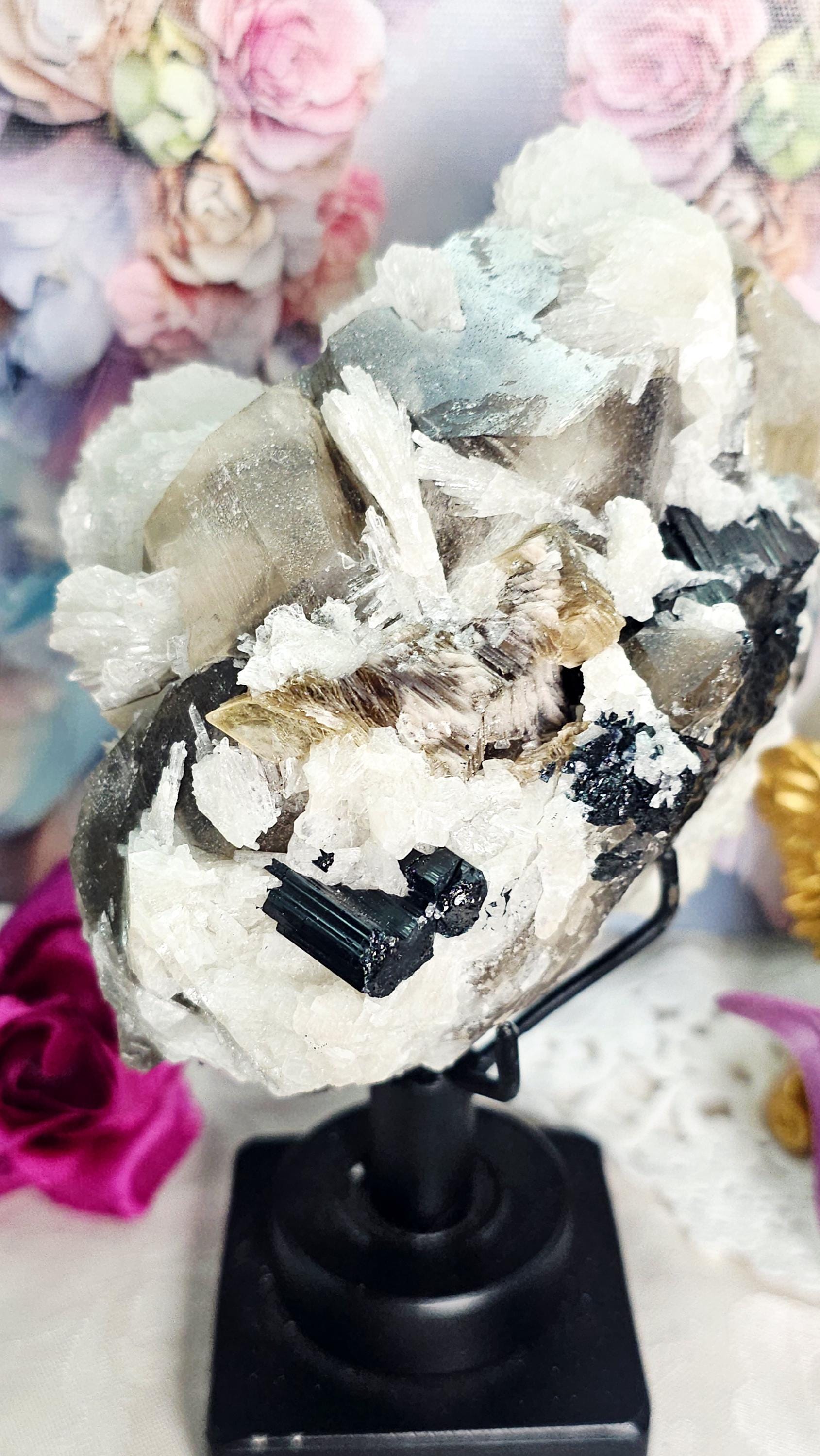 Smoky Quartz, Tourmaline, Mica and Albite Specimen on a Stand, Home Decor, Crystal Gift