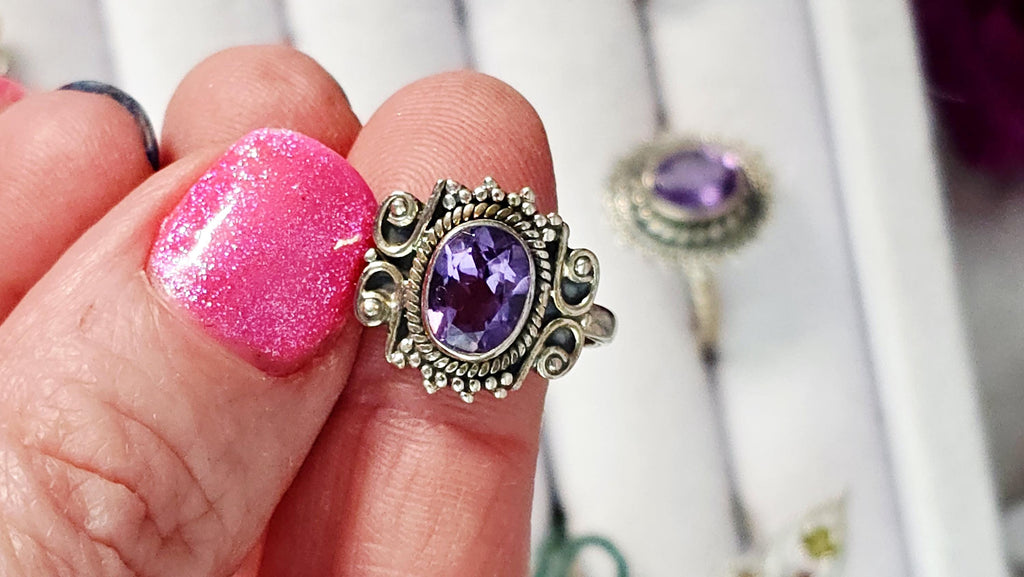 925 Silver Amethyst Crystal Ring, Handmade, Size 7