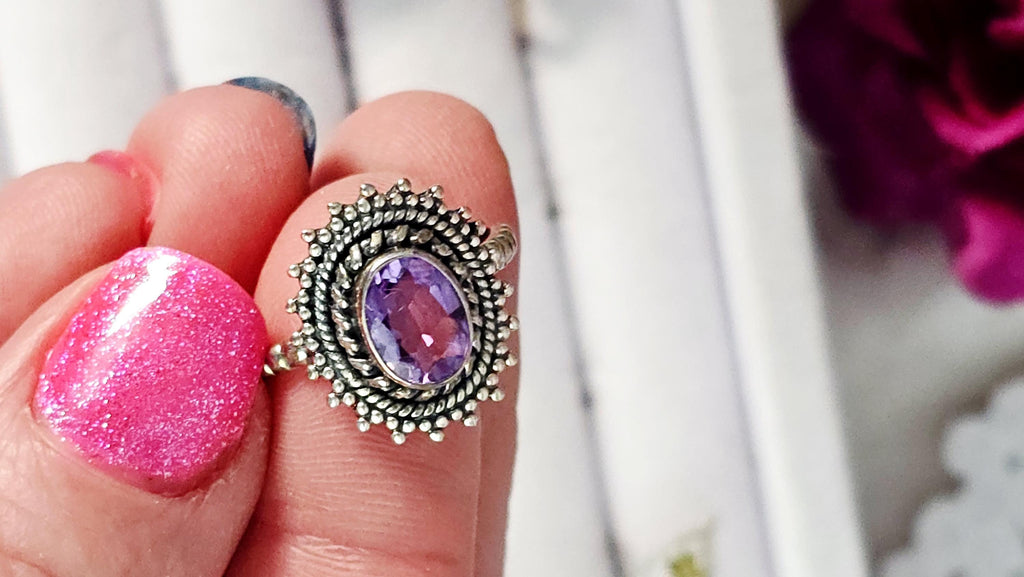 925 Silver Amethyst Crystal Ring, Handmade, Size 7