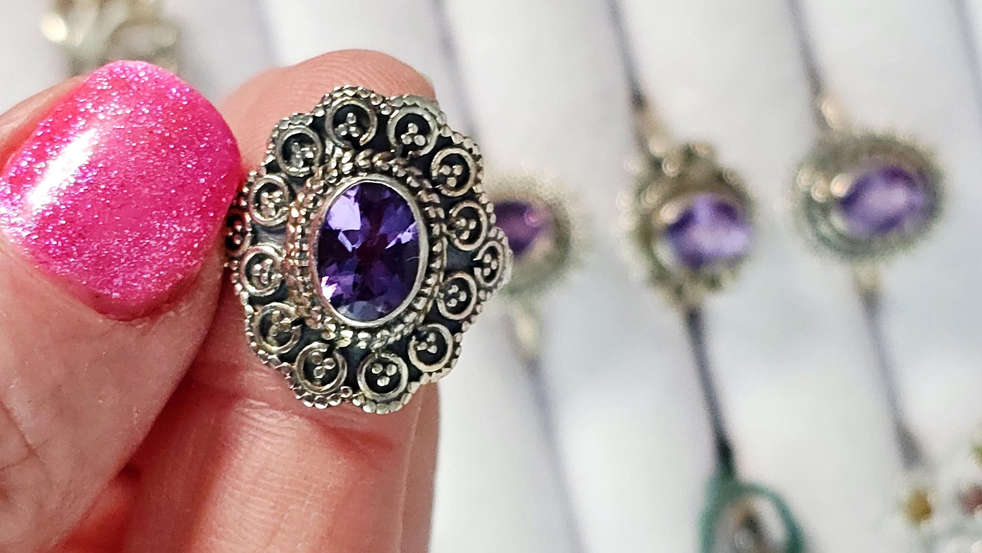 925 Silver Amethyst Crystal Ring, Handmade, Size 7