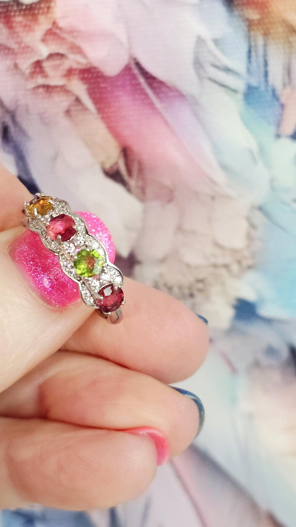 Mixed Tourmaline 925 Silver Adjustable Ring, Natural Crystal, Peaceful Protection