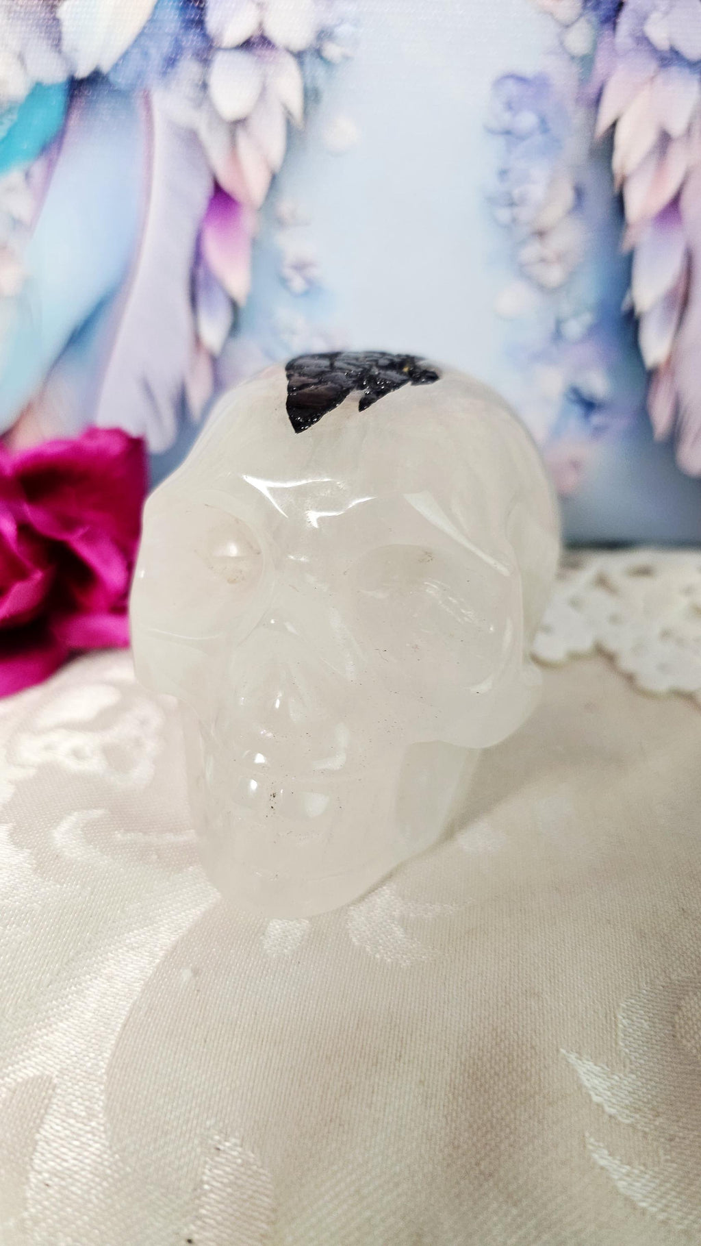 Black Tourmaline Rutilated Quartz Skull, Protection Crystal Healer Home Decor