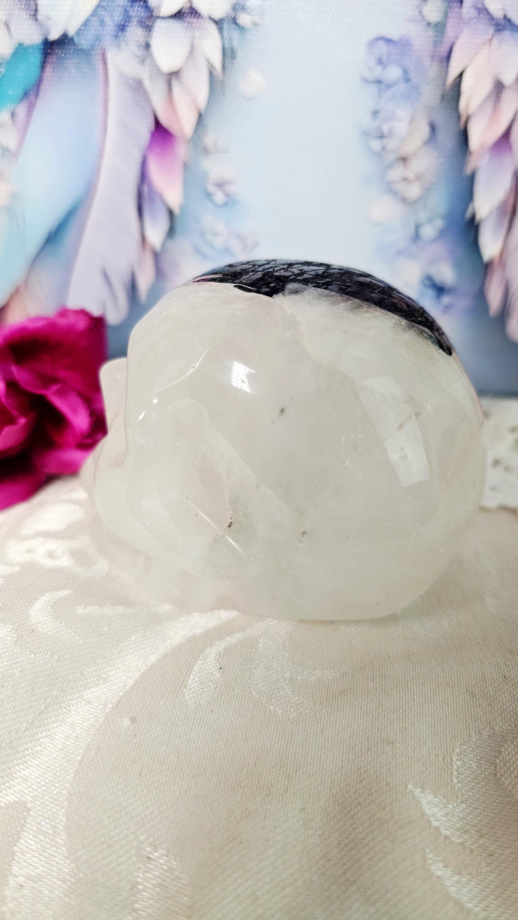 Black Tourmaline Rutilated Quartz Skull, Protection Crystal Healer Home Decor