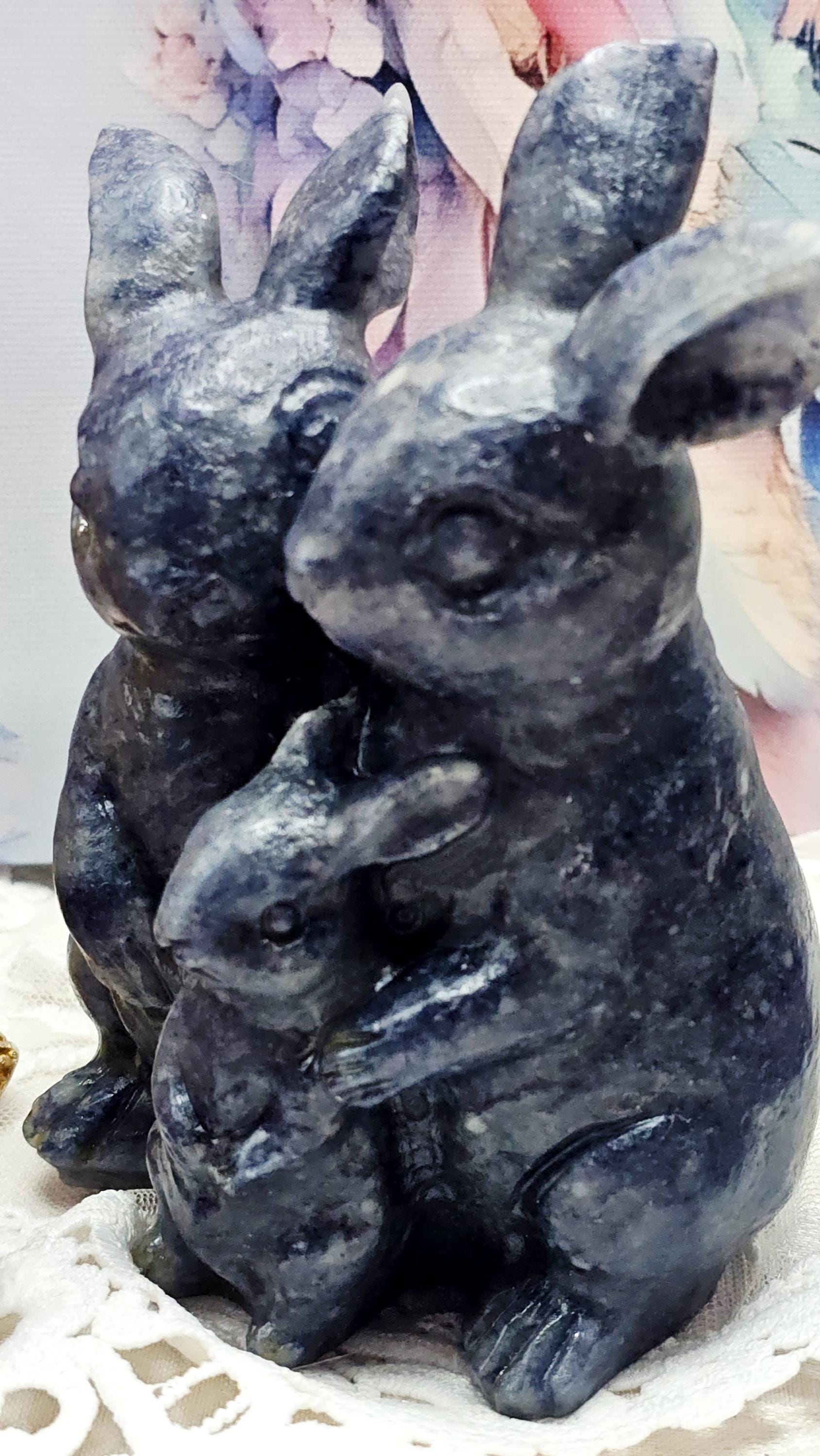 Blue Aventurine Bunny Family Sculpture, Crystal Healing Gemstone Home Decor