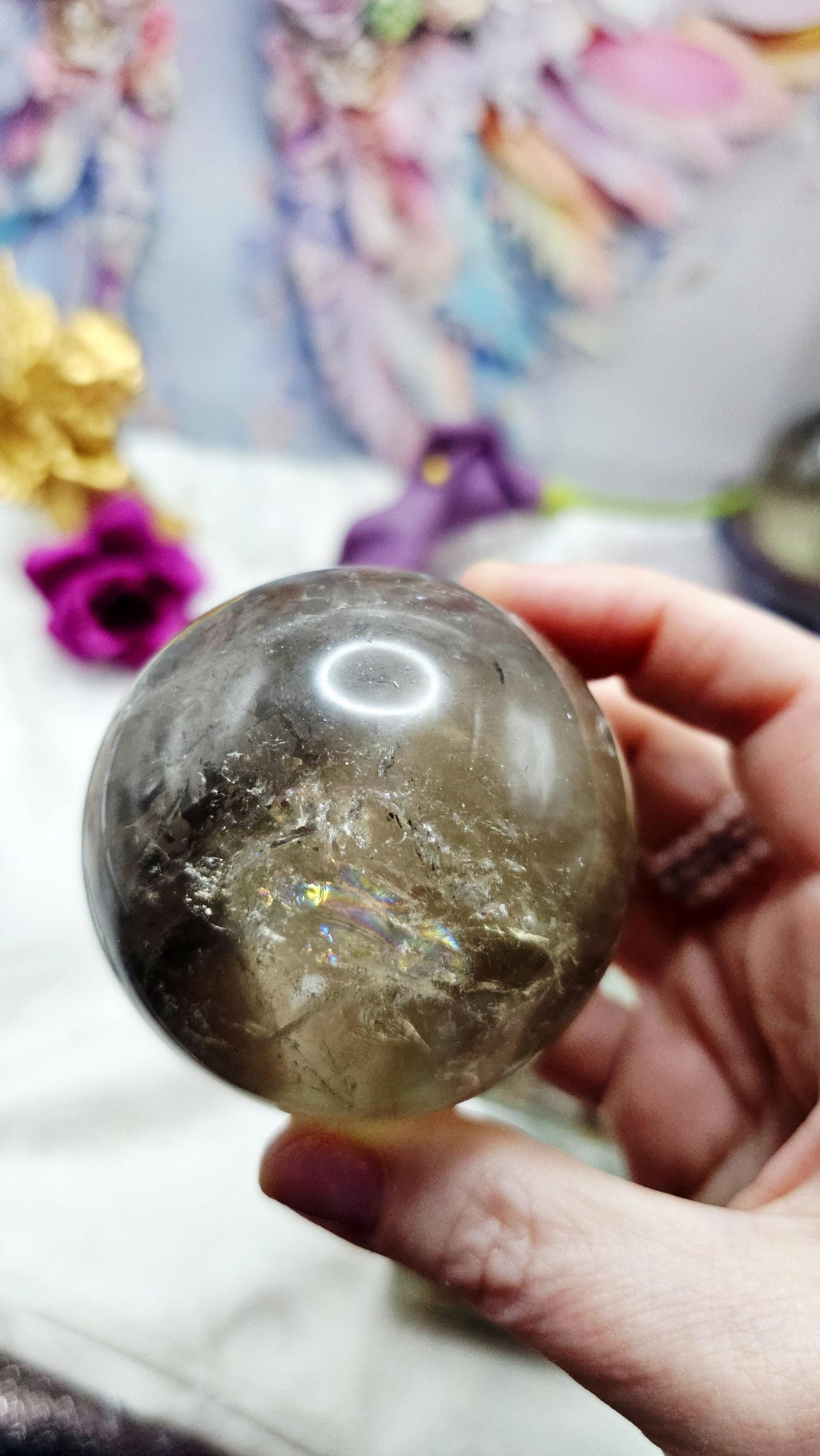 Natural Citrine Smoky Sphere, Crystal Ball, Chain, Elegant Flash