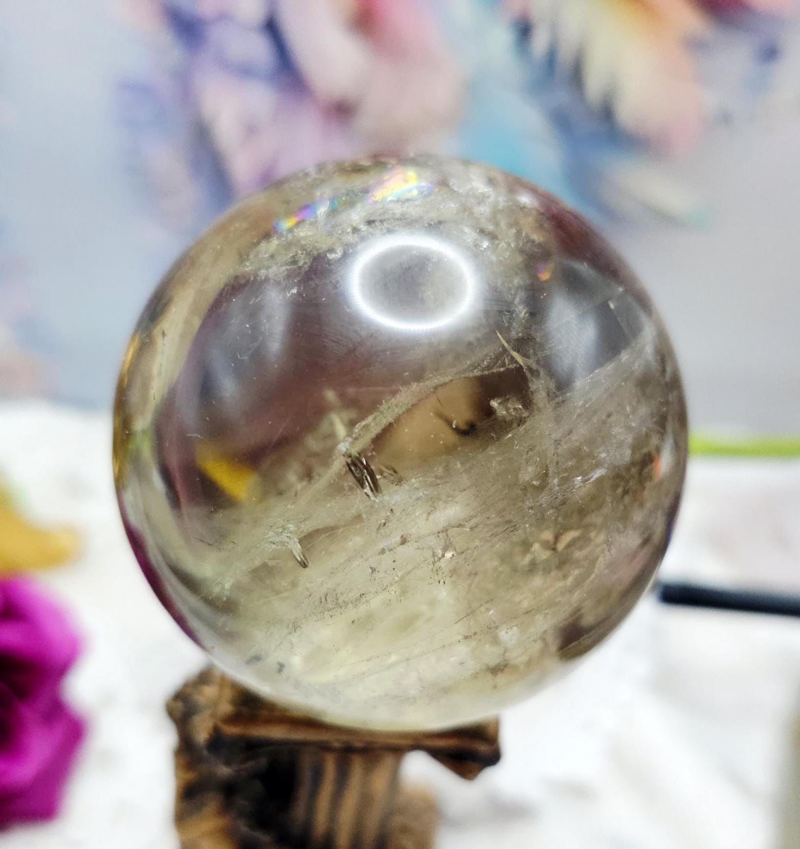 Natural Citrine Smoky Sphere, Crystal Ball, Chain, Elegant Flash