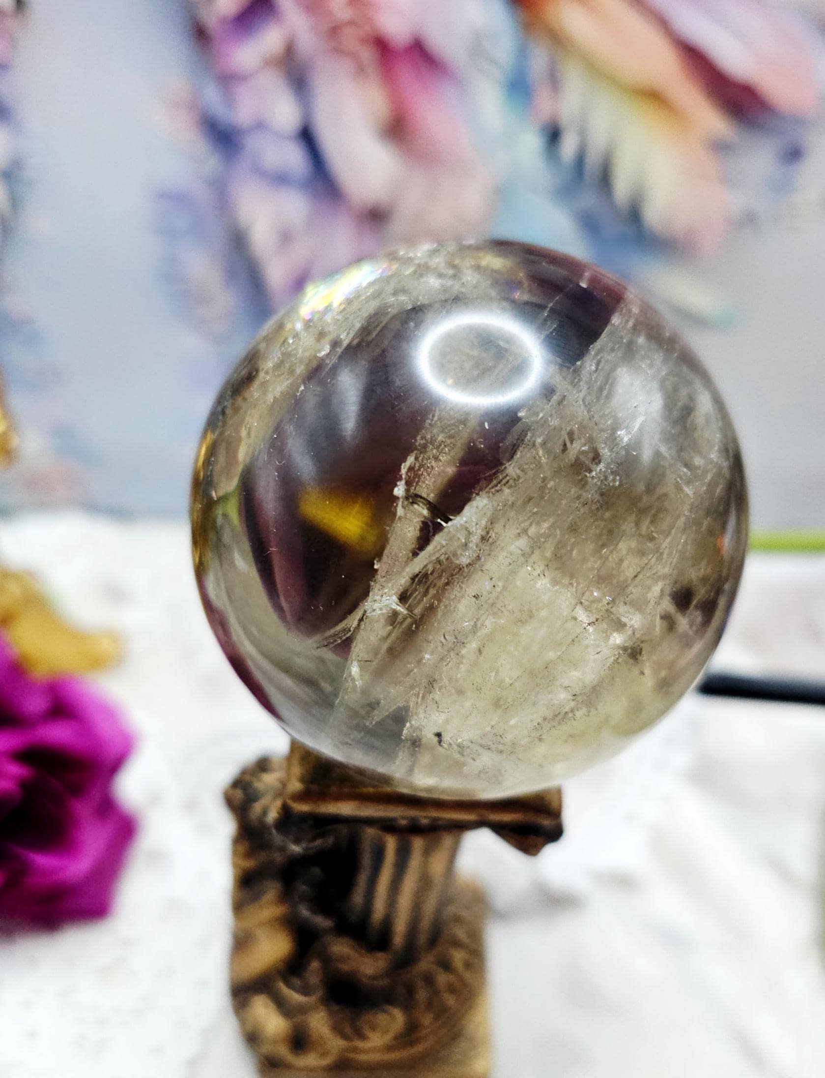 Natural Citrine Smoky Sphere, Crystal Ball, Chain, Elegant Flash