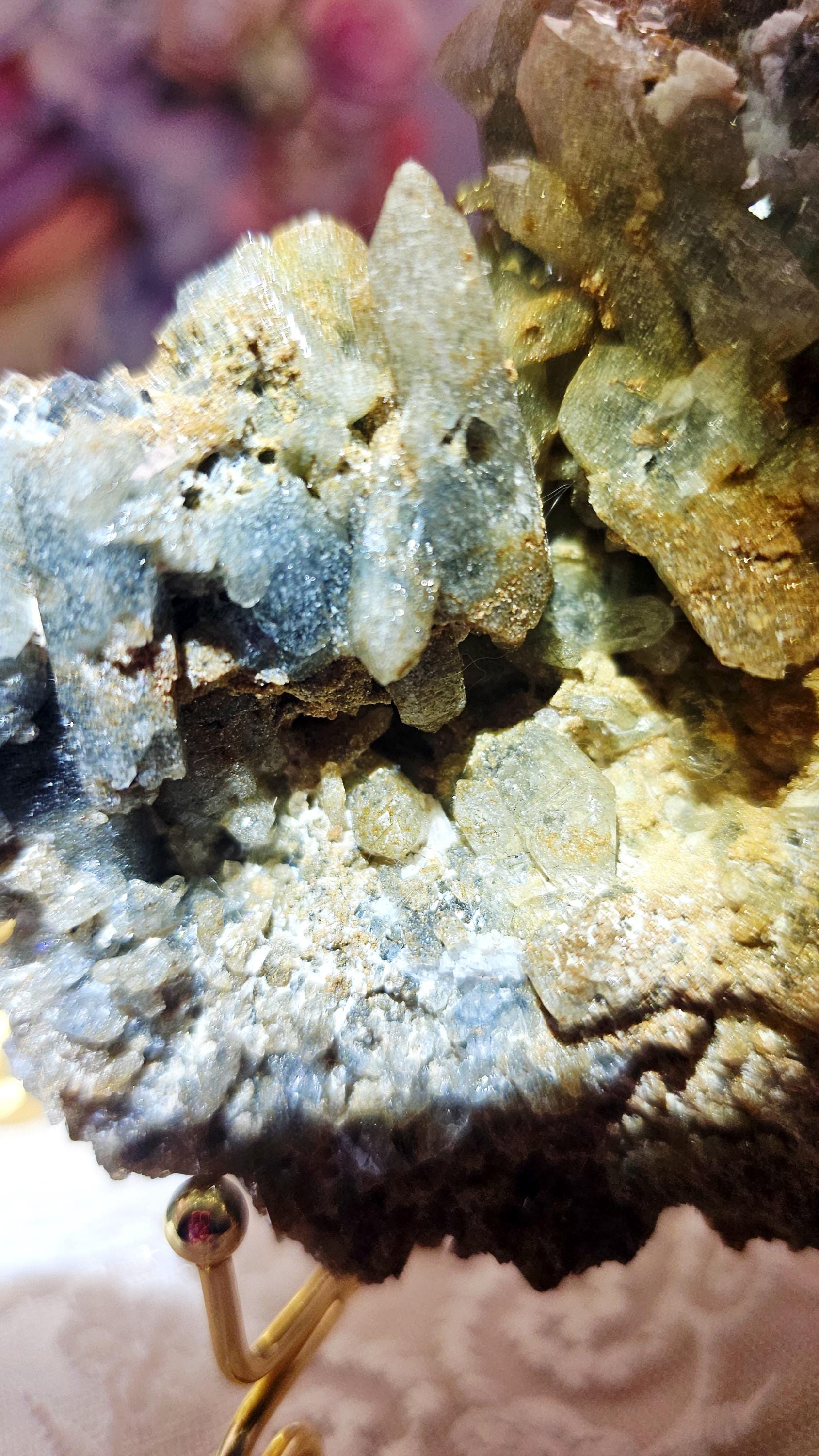 Indicolite with Yellow Mica and Quartz Specimen on a Stand, Blue Tourmaline, Crystal Gift, Brazil
