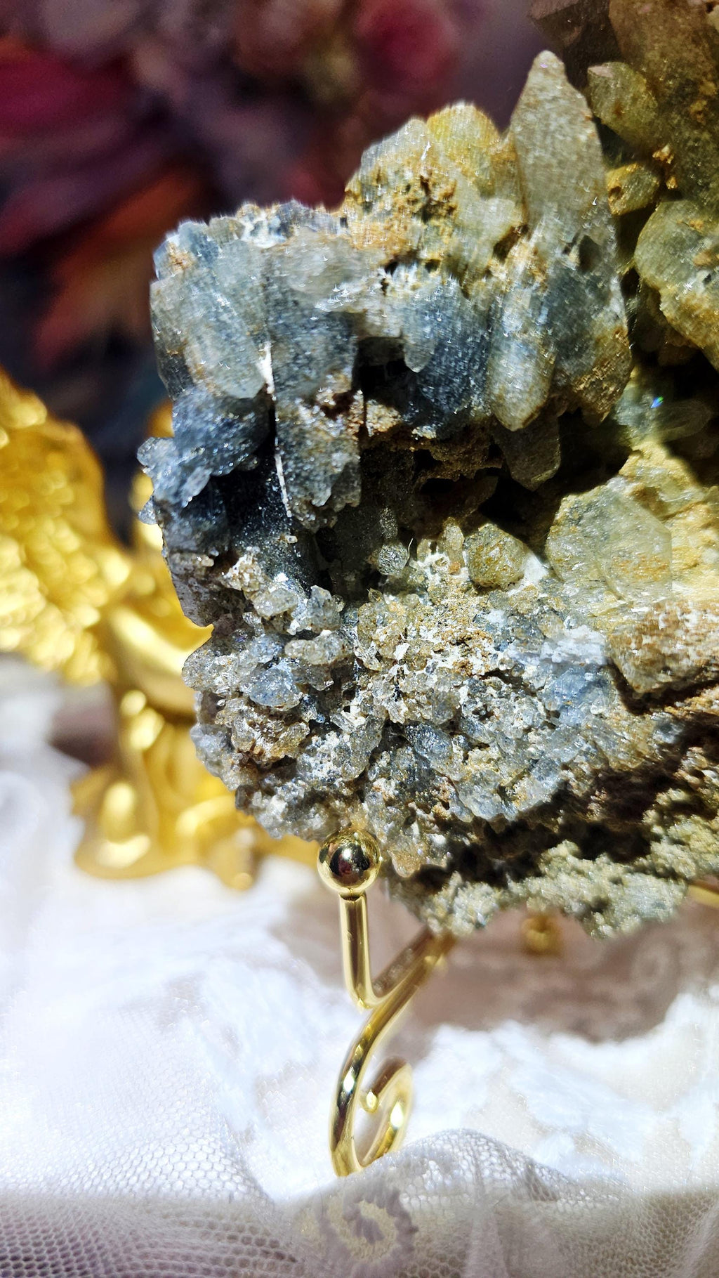 Indicolite with Yellow Mica and Quartz Specimen on a Stand, Blue Tourmaline, Crystal Gift, Brazil