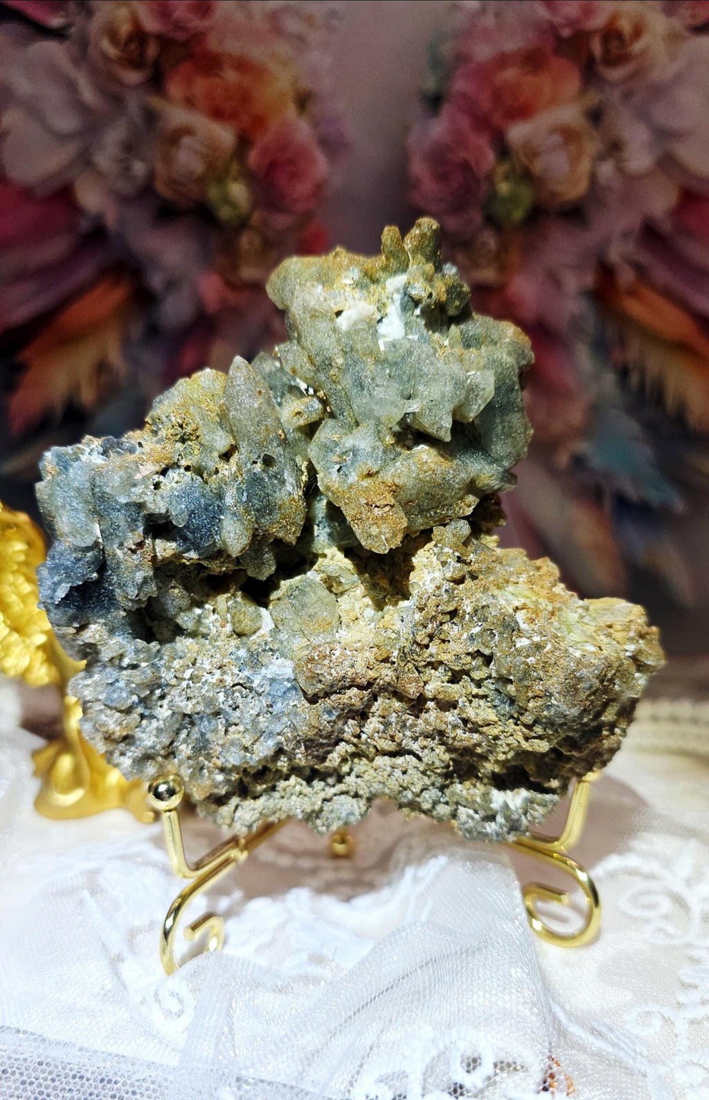 Indicolite with Yellow Mica and Quartz Specimen on a Stand, Blue Tourmaline, Crystal Gift, Brazil