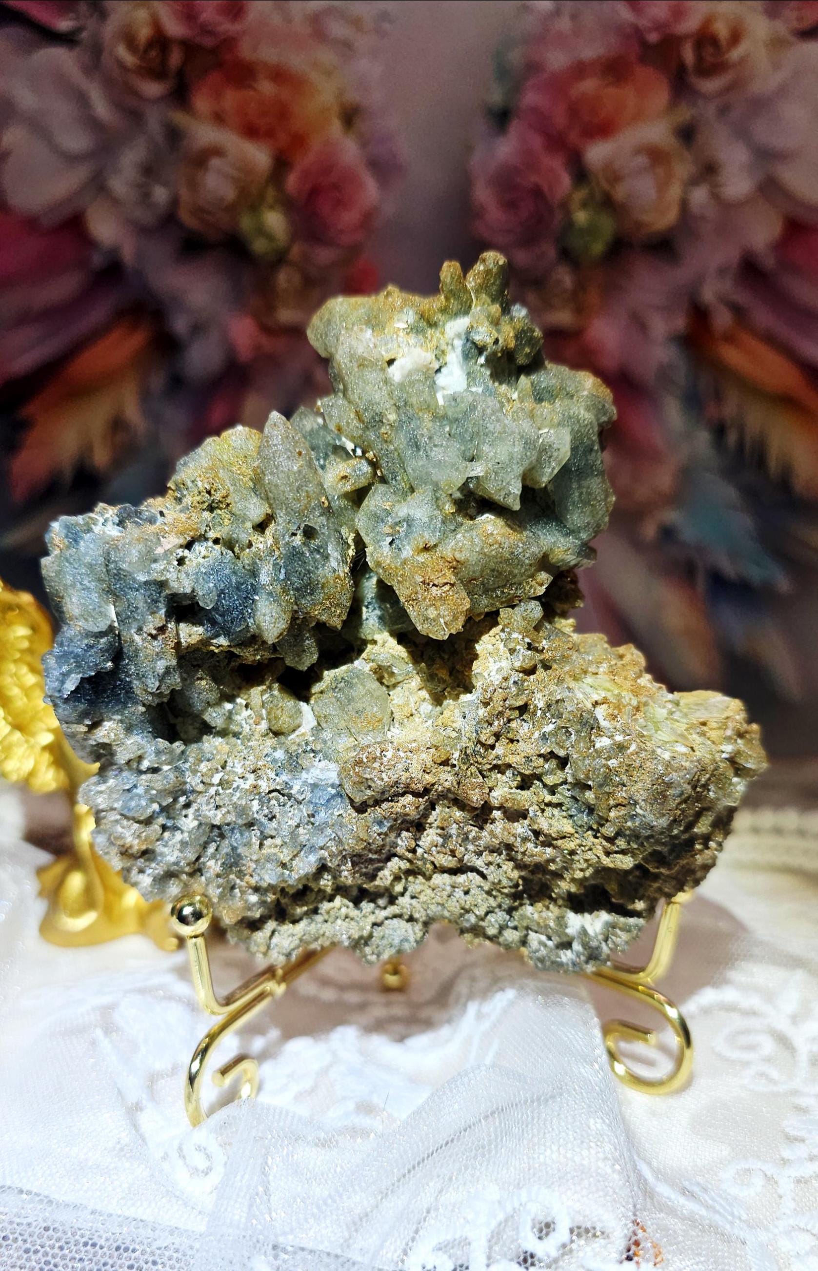 Indicolite with Yellow Mica and Quartz Specimen on a Stand, Blue Tourmaline, Crystal Gift, Brazil