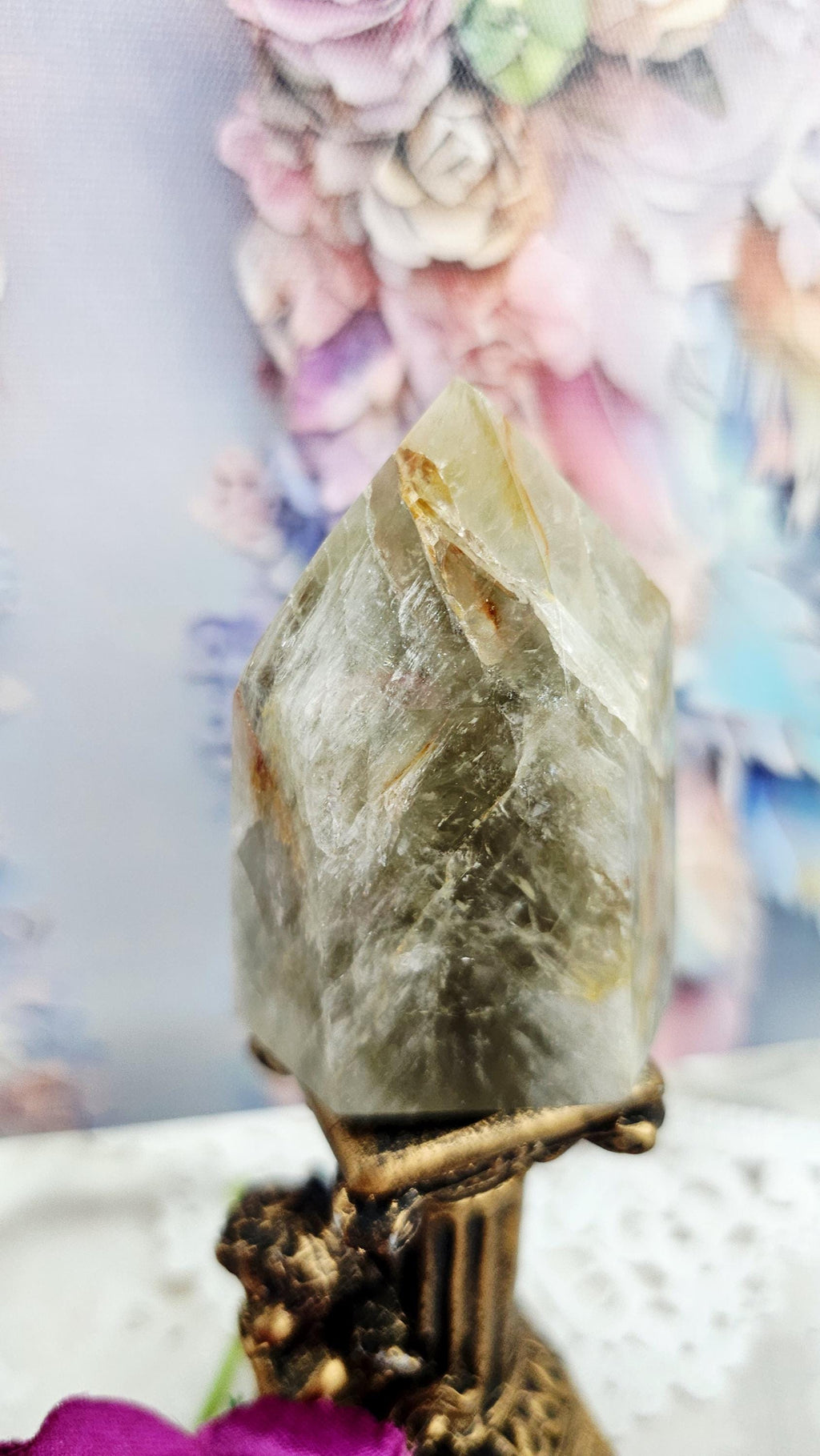 Green Amethyst Golden Healer Tower, Calming Heart Chakra Crystal, Solar Plexus Motivation