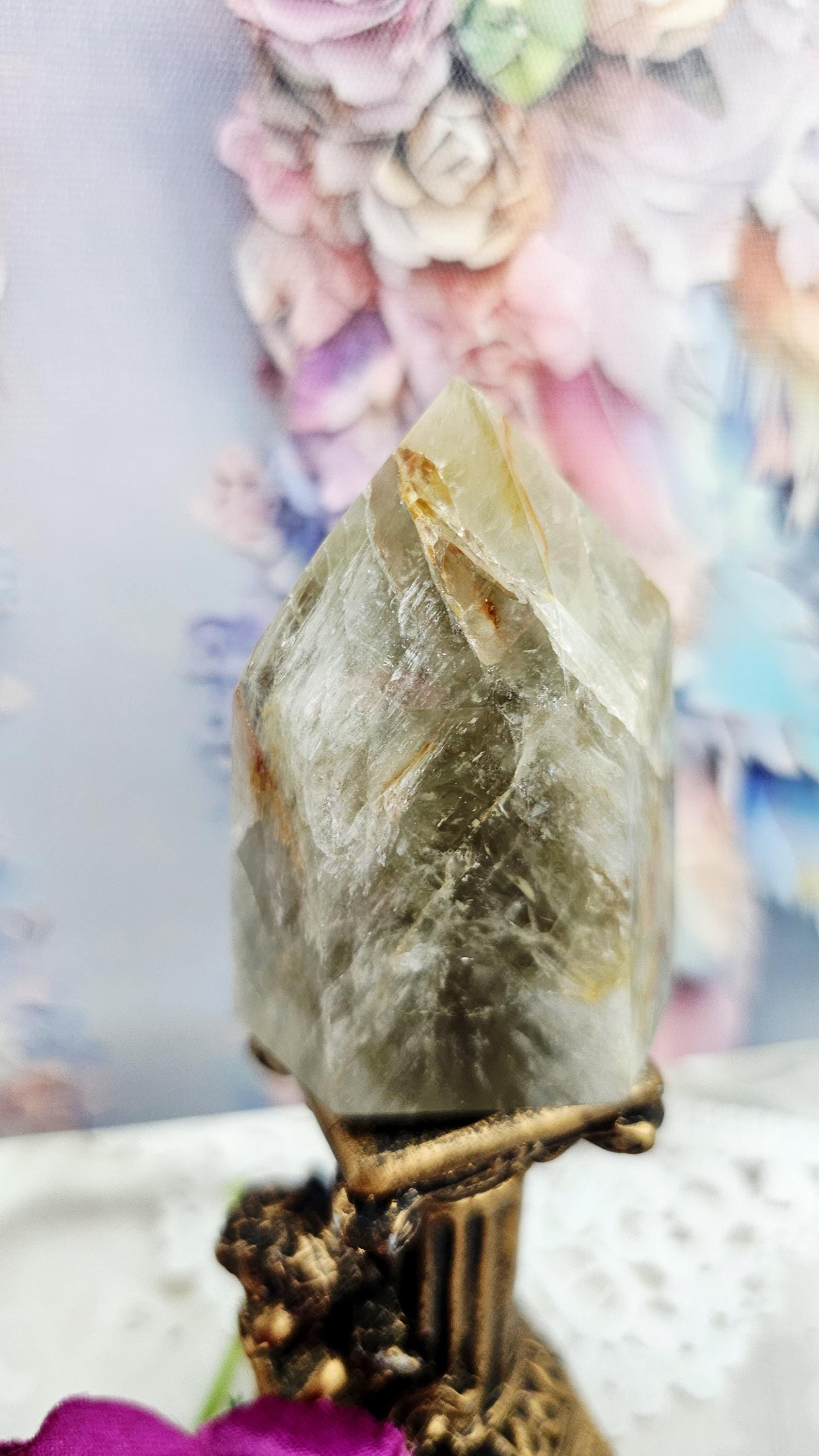 Green Amethyst Golden Healer Tower, Calming Heart Chakra Crystal, Solar Plexus Motivation