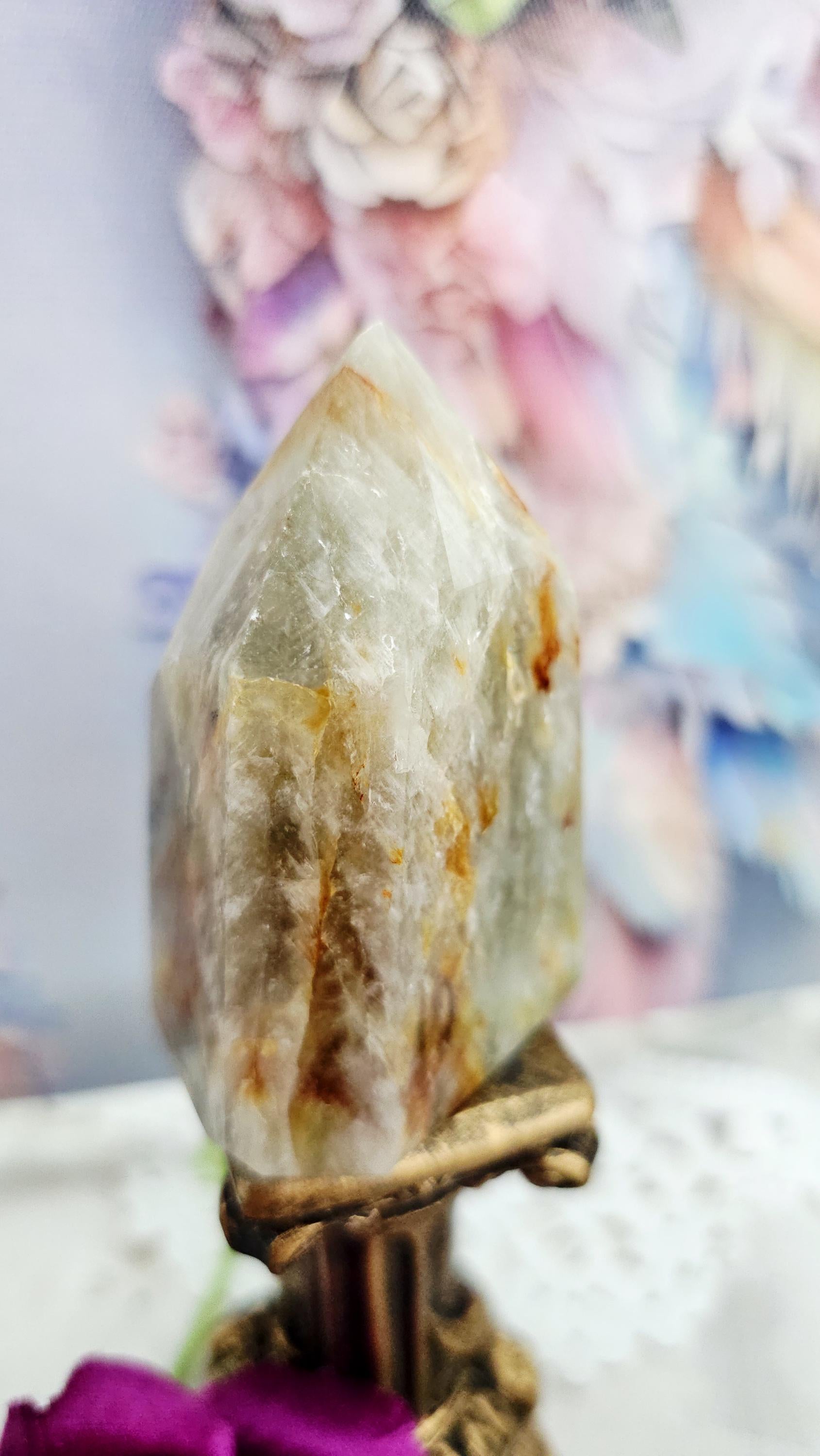 Green Amethyst Golden Healer Tower, Calming Heart Chakra Crystal, Solar Plexus Motivation