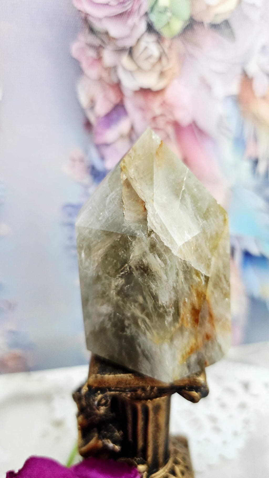 Green Amethyst Golden Healer Tower, Calming Heart Chakra Crystal, Solar Plexus Motivation