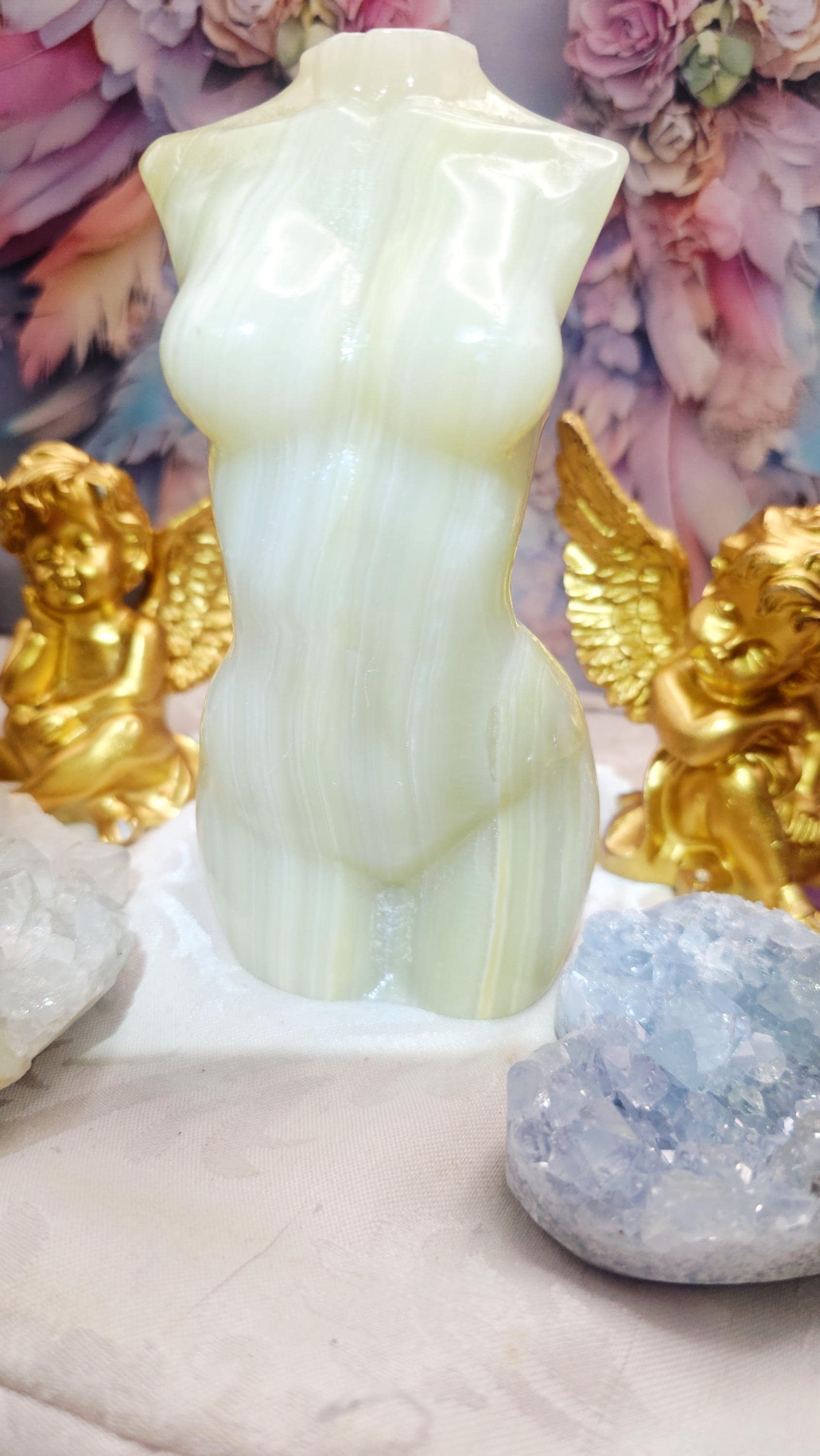 Large Onyx Goddess Body Sculpture, Green Yellow Stripes, Clarity Stone