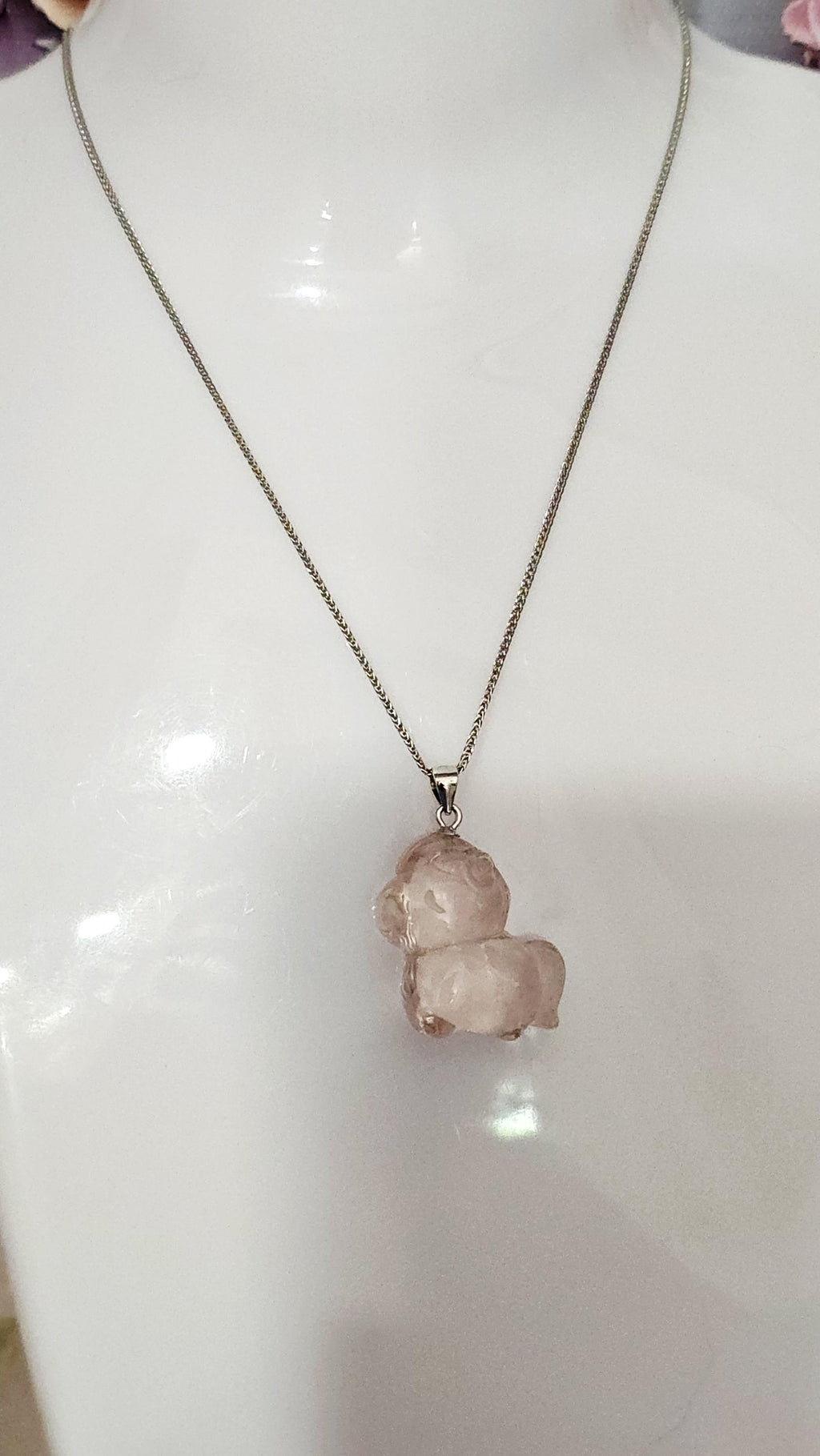 Handmade Mozambique Rose Quartz Horse Necklace, 925 Silver Pendant