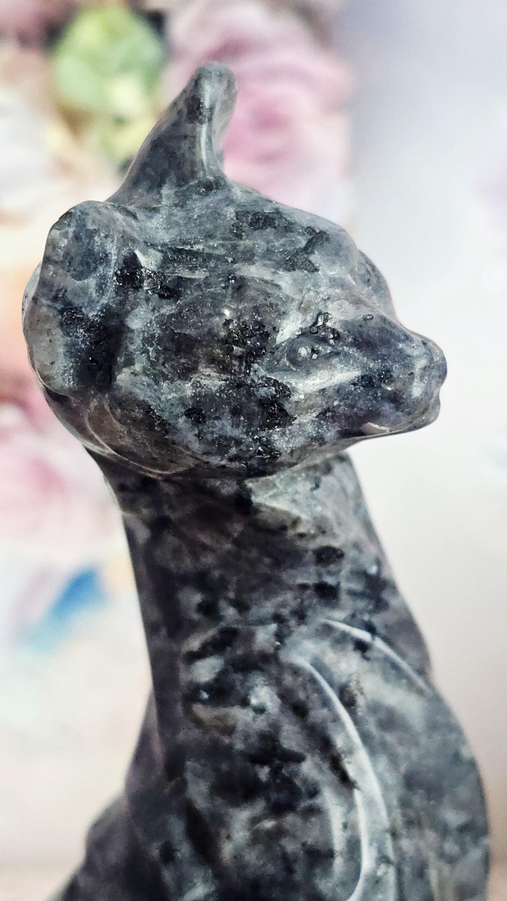 Larvakite Cat Carving, Egyptian Cat, Metaphysical Crystal Decor
