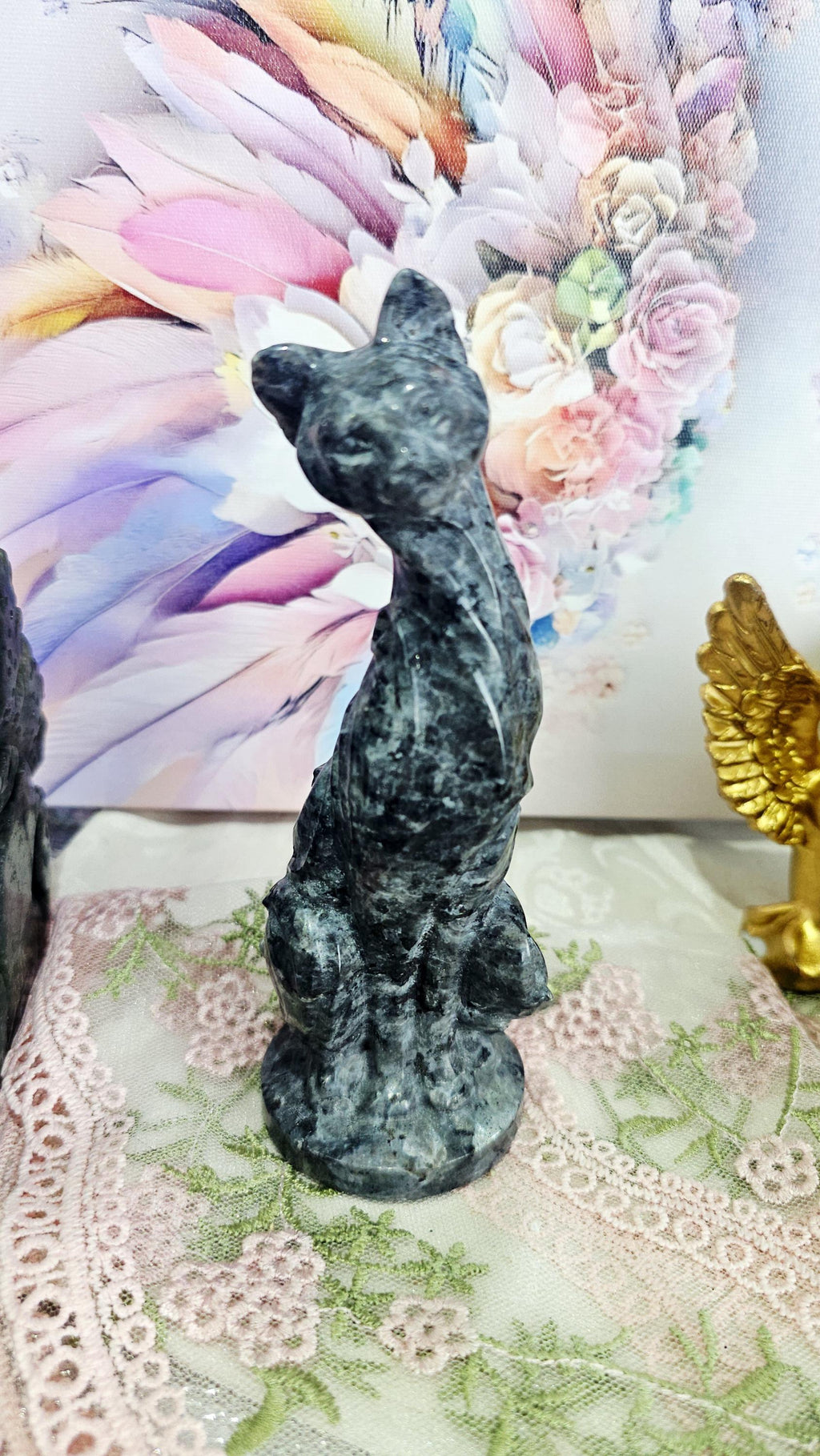 Larvakite Cat Carving, Egyptian Cat, Metaphysical Crystal Decor