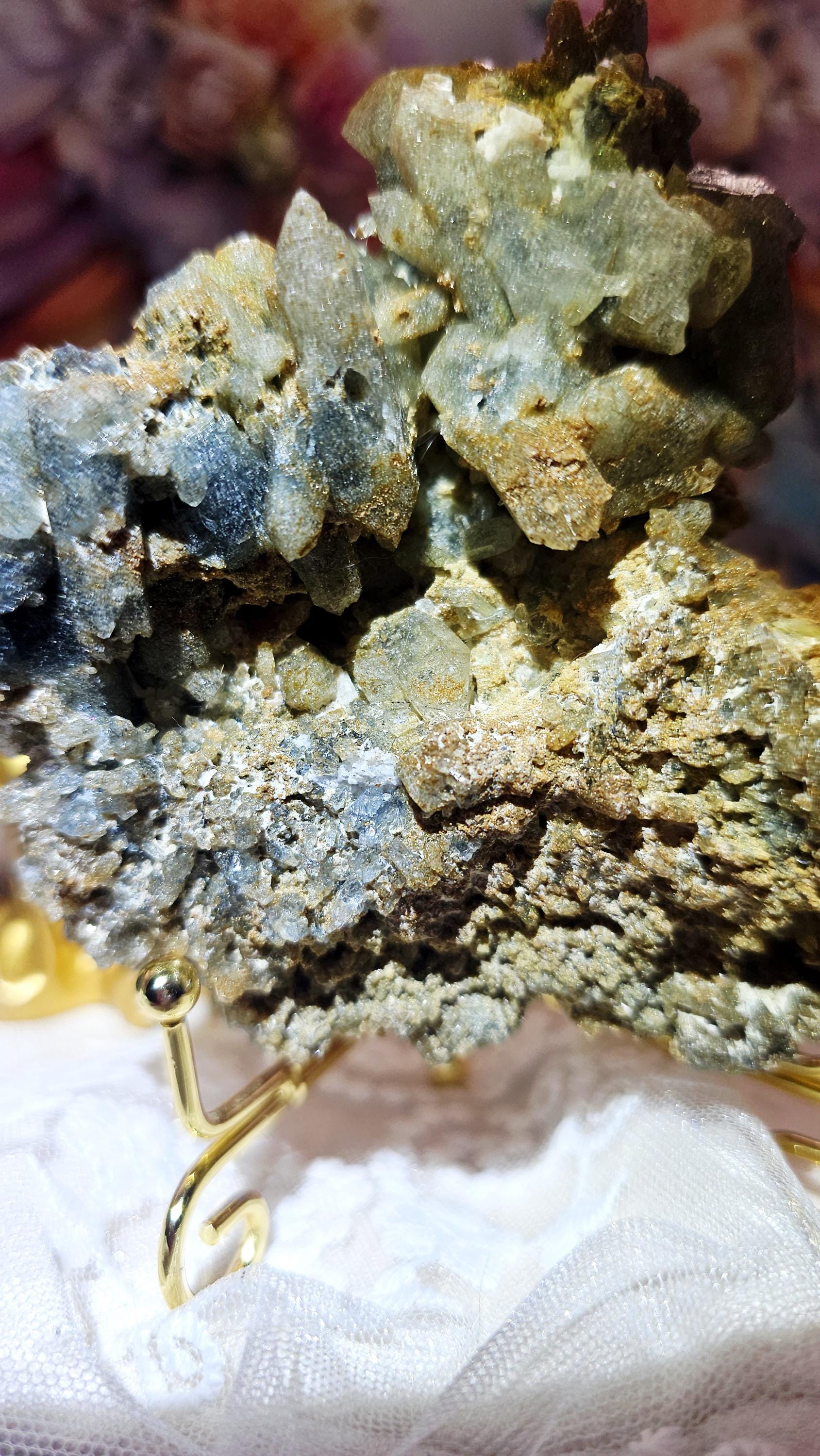 Indicolite with Yellow Mica and Quartz Specimen on a Stand, Blue Tourmaline, Crystal Gift, Brazil